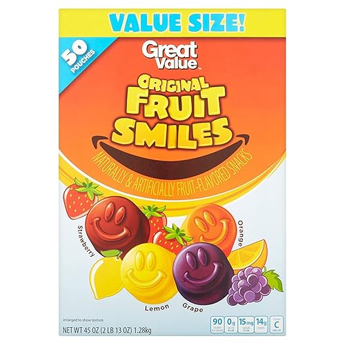 Great Value Bocadillos de frutas originales con sonrisas de frutas, 45 onzas (50 bolsas)