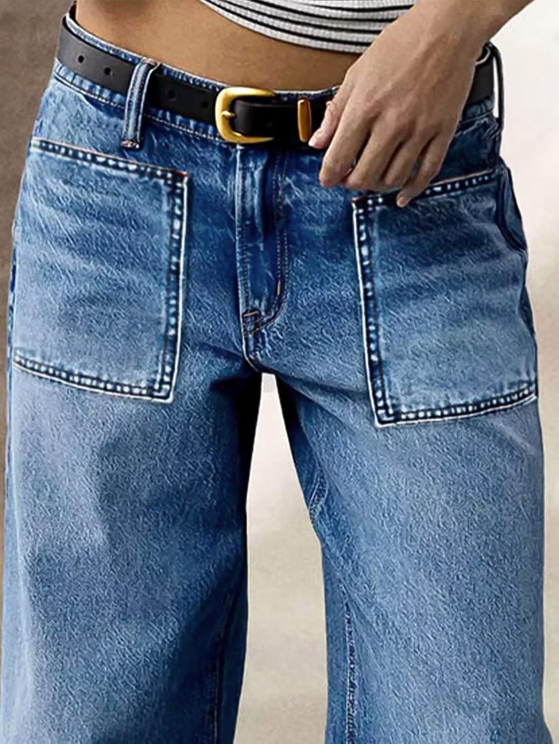 Flamingals Straight Leg Jeans for Women Trendy Mid Rise Stretchy Patch Pocket Baggy Jeans Casual Without Belt
