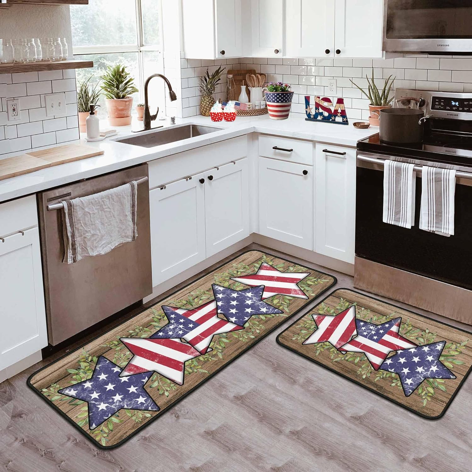4th of July Kitchen Rugs Set of 2, Blue American Flag Stars Rug Forth of July Decorations Non Slip Backing Patriotic Kitchen Mats for Floor Memorial Day Home Decor (4th of July 2, 17"x47.2"+17"x30")