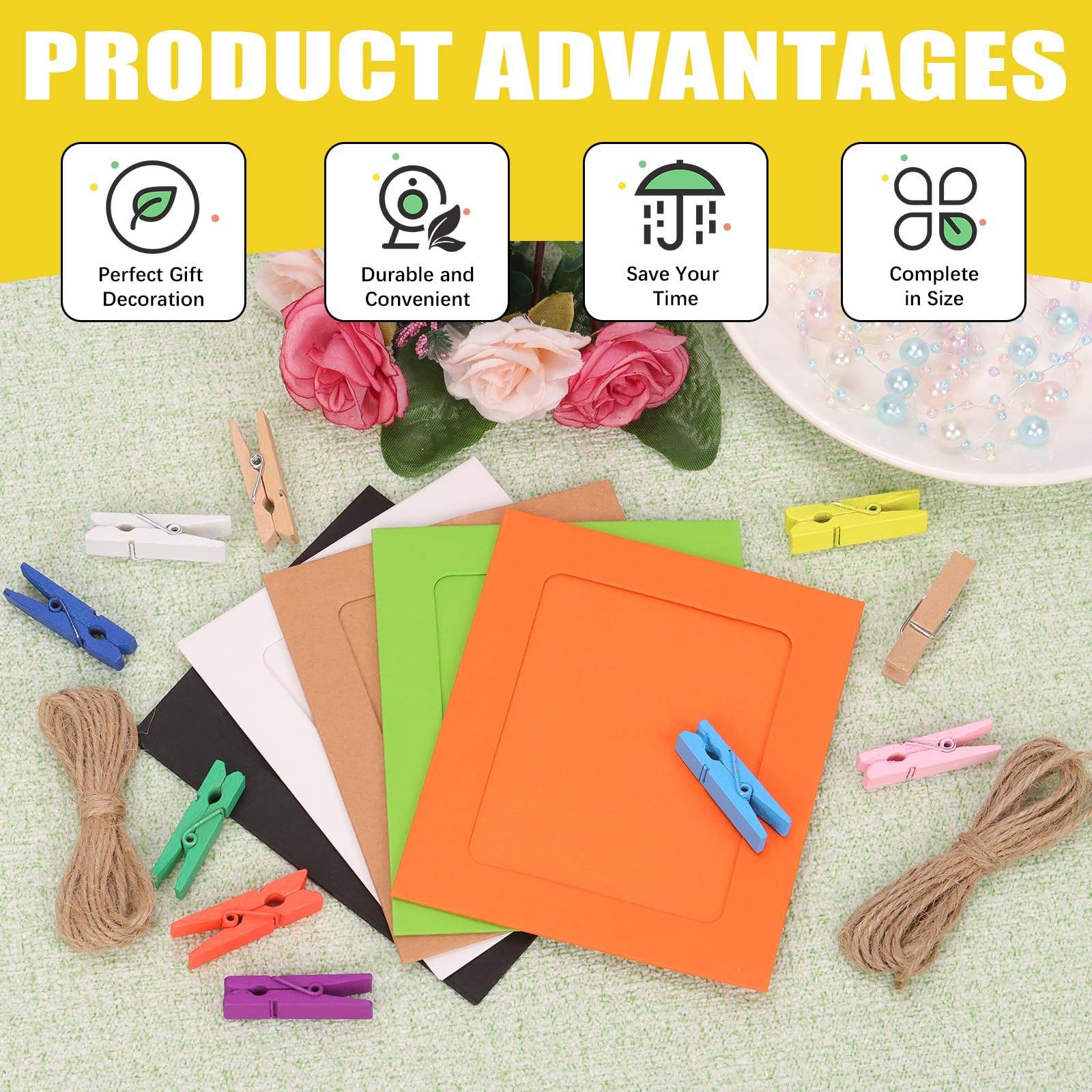 Mardatt 40 Set 4" Paper Picture Frames, Includes Colorful Cardboard Photo Frames with Wooden Clips, Strings for Home Decor - Image 4