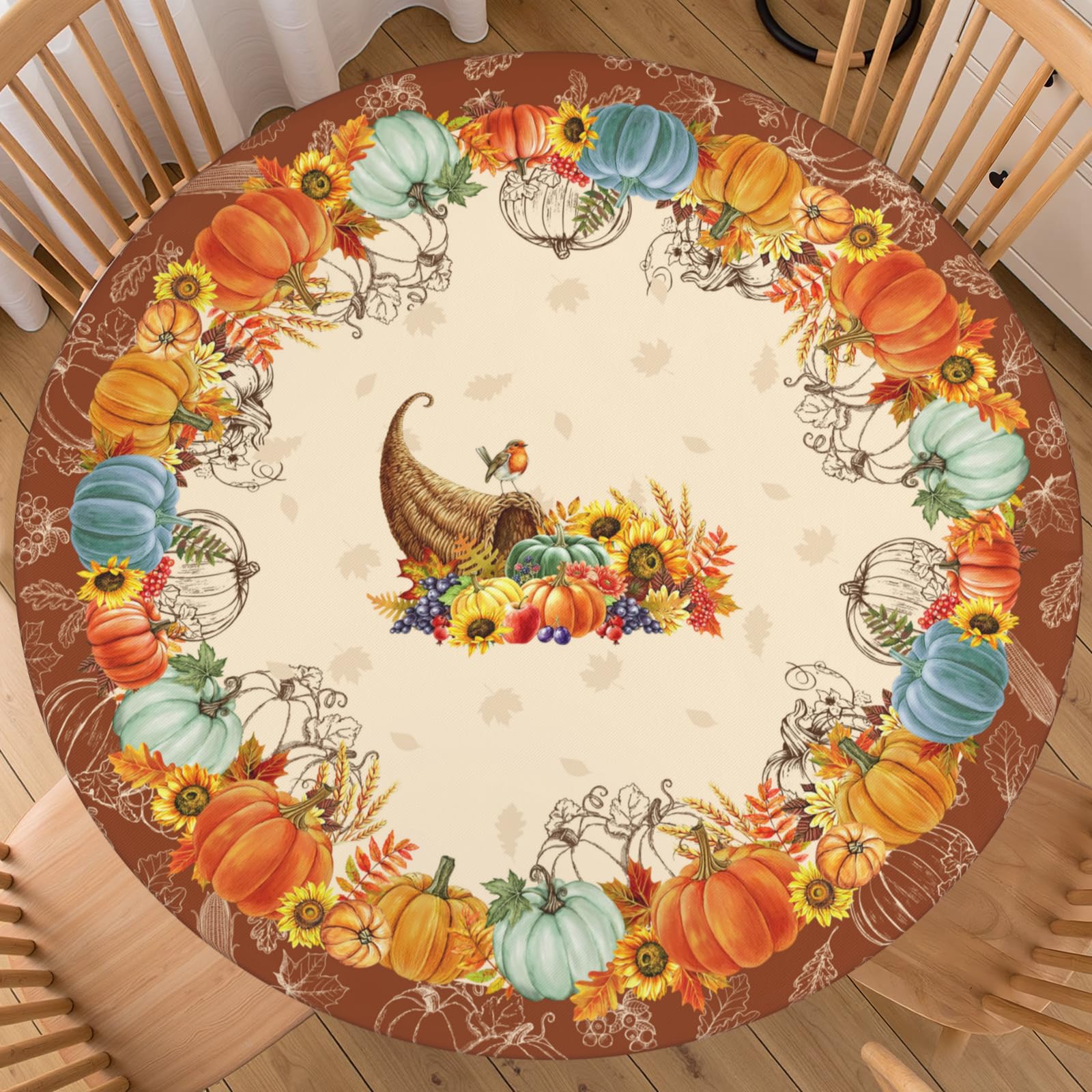 FJQWKLF Autumn Harvest Round Fitted Tablecloth with Elastic Edge Thanksgiving Pumpkin Table Cover for 56"-60" Fall Rustic Farmhouse Stretch Table Cloth for Dining Room Party Picnic