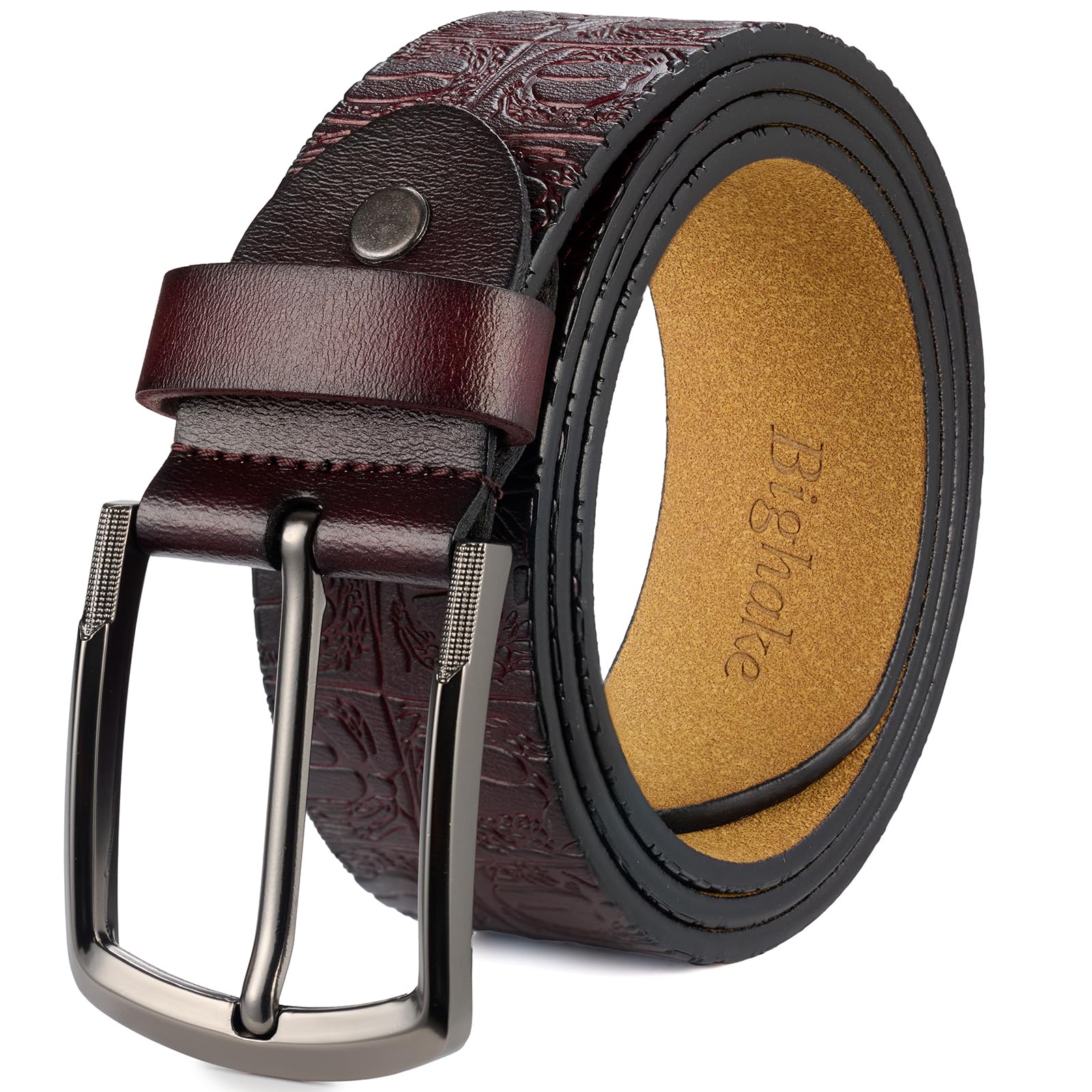 Bighake Genuine Leather Embossed Belt for Men – Western Leather Belt for Men, Adjustable Size for Business & Casual Wear, Size 34''-36''