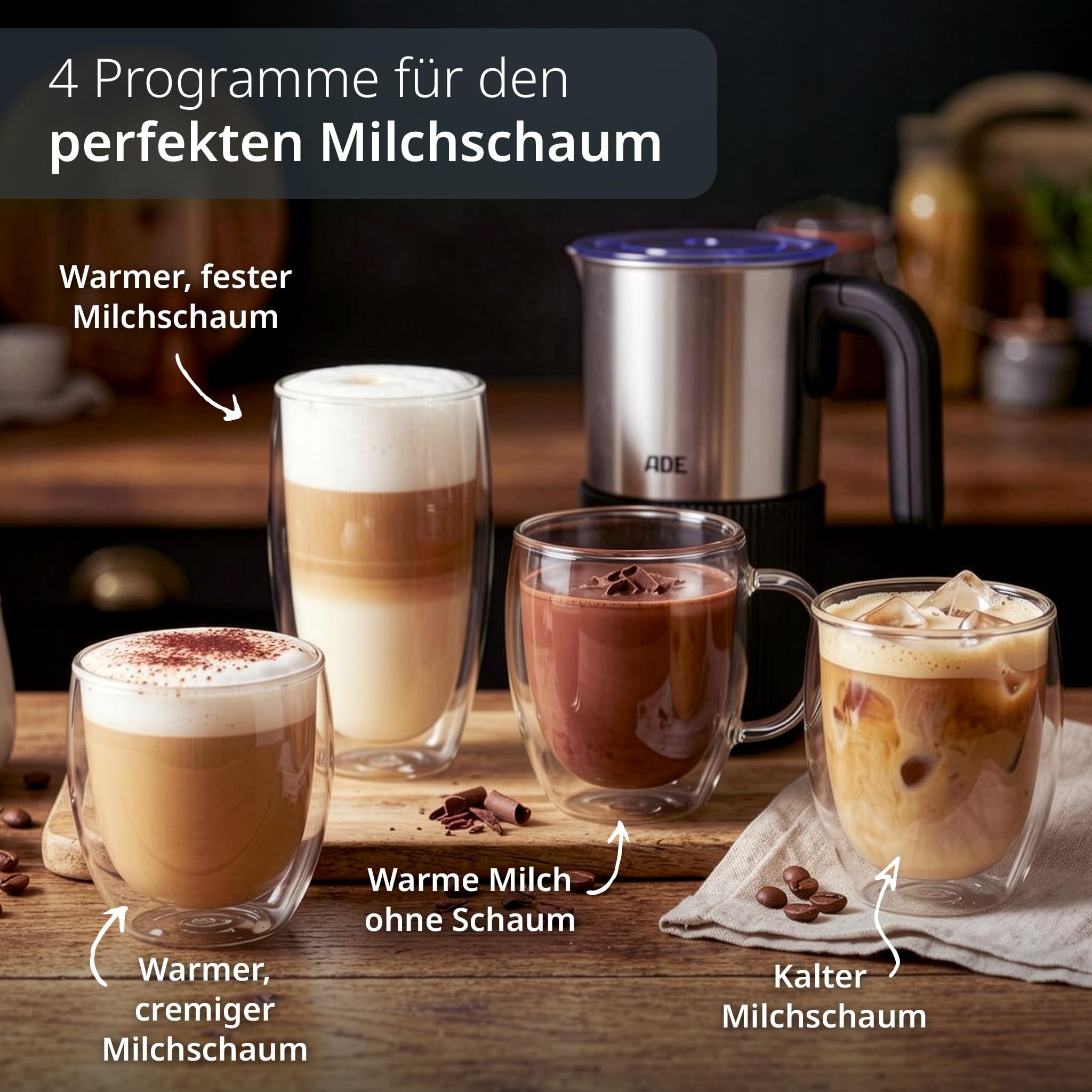 ADE Elektrischer Milchschäumer 4in1 | für heißen & kalten Milchschaum | Milchwärmer | für 1-2 Tassen | für Cappuccino, Latte Macchiato, Eiskaffee, Kakao | 300 ml | 500 W