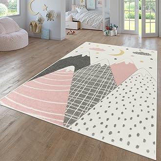TT Home Nursery Area Rug Kids Rug For Bedroom Girls Boys Modern Rainbow Cloud Rug Animal Motif Colourful, colour:Pink Rose, Size:133 cm Square