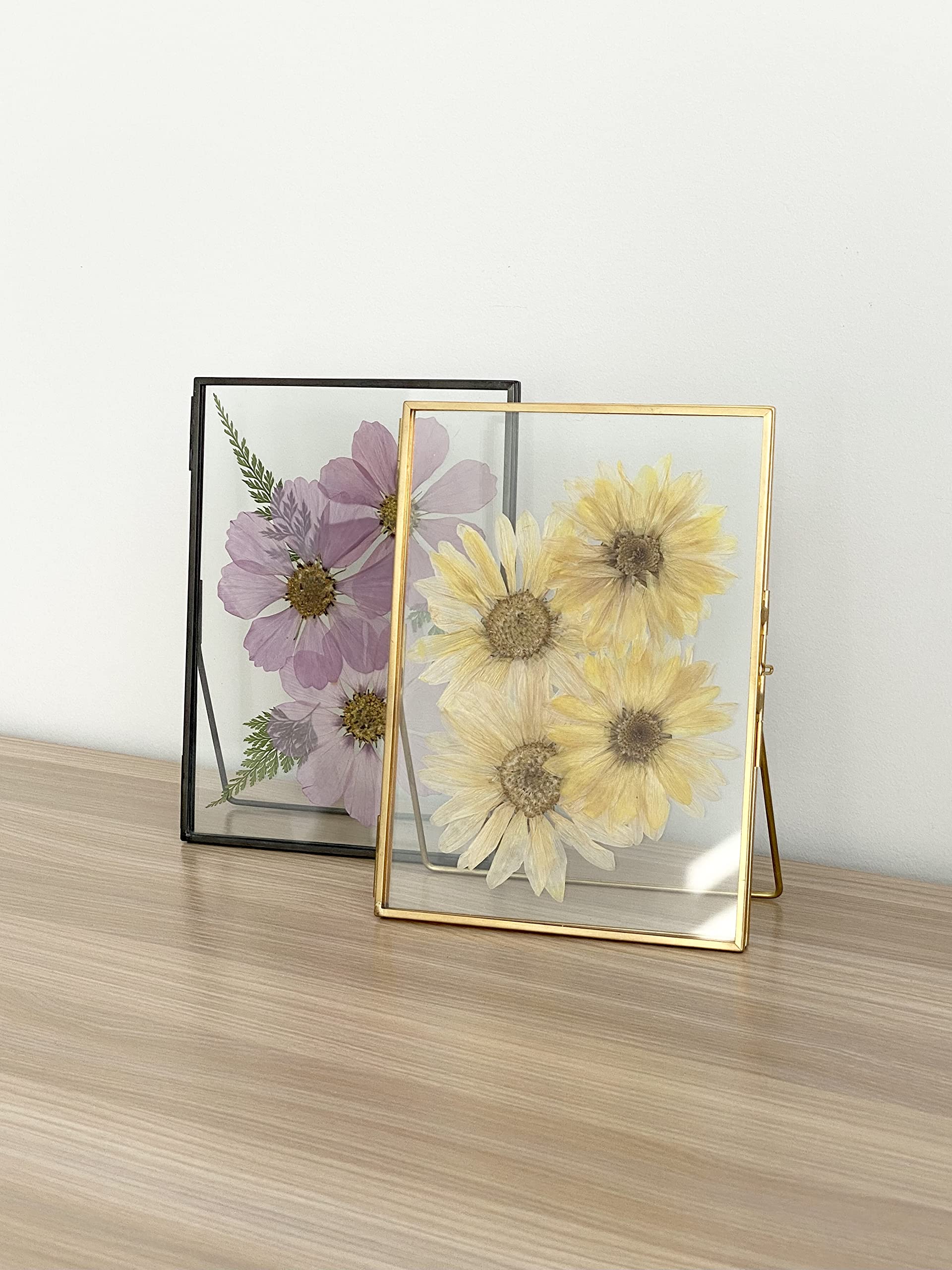Beedecor Marco de cristal doble para flores prensadas, fotos Polaroid y obras de arte, marcos de fotos de metal negro de 5 x 7 pulgadas, decoración del hogar, juego de 2 marcos de flores prensadas con