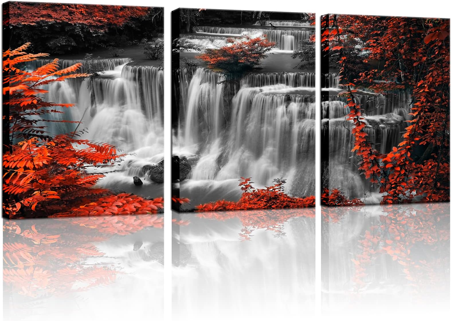 3 Pieces Red Tree Forest Canvas Wall Art Red Gray White Poster Waterfall Picture Print Natural Landscape Paintings Modern Home Bedroom Bathroom Wall Decor 12"x16"x3PCS