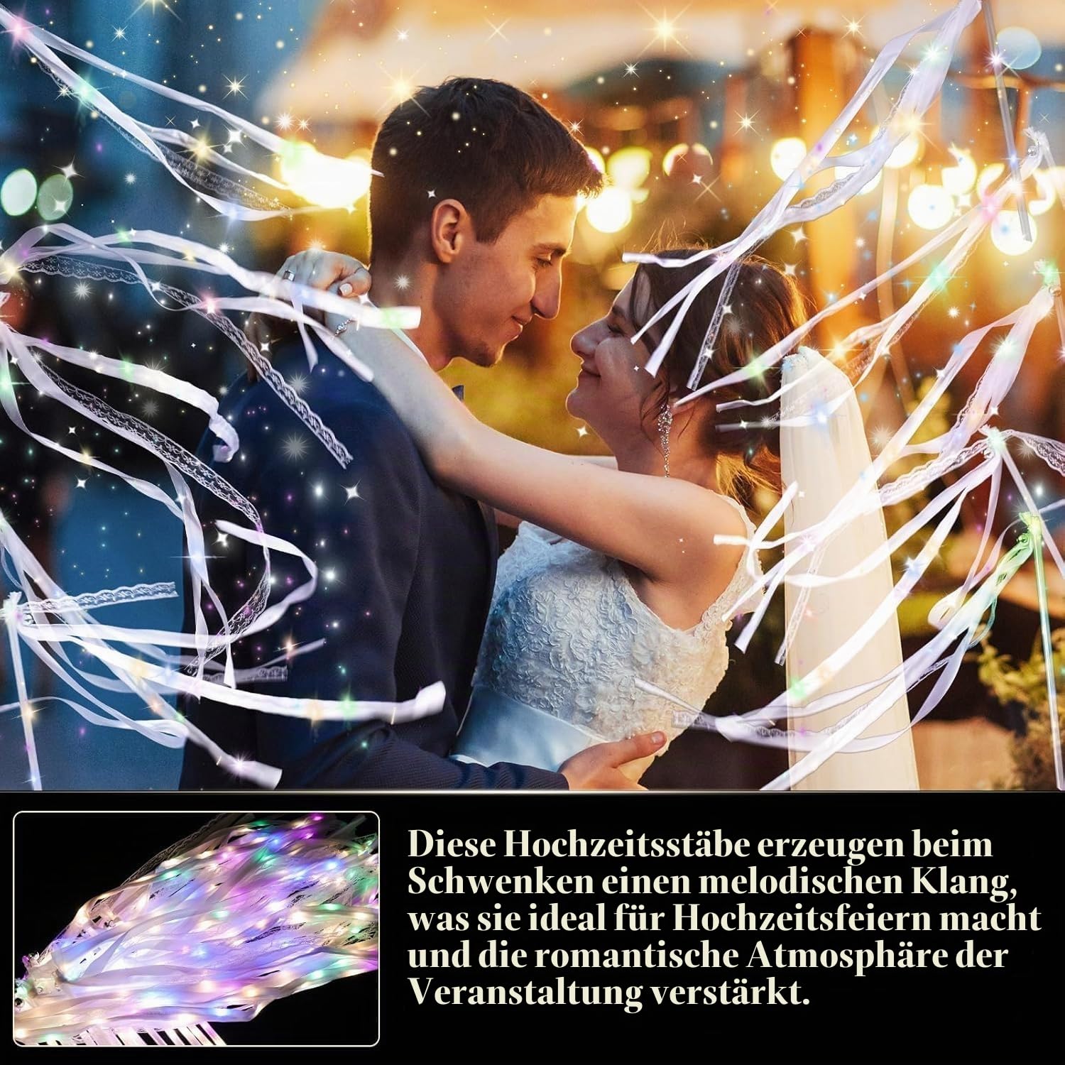 LED Hochzeitswedel – Leuchtende Hochzeitsdeko mit Warmweißem & buntem Licht | mit Bändern und Glöckchen – Wedding Wands Perfekt für Hochzeitsauszug, Partys & Feiern (50)