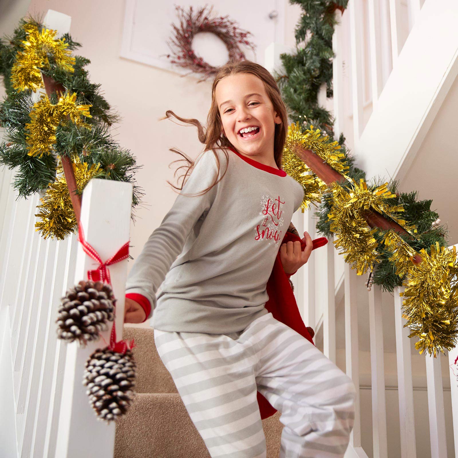 WILLBOND 50 Feet Guirnalda de Oropel de Navidad Guirnalda Metálica Girada de Espumillón Decoraciones para Árbol de Navidad Decoraciones Colgantes de Cumpleaños Boda Año Nuevo 3 Pulgadas (Dorado)