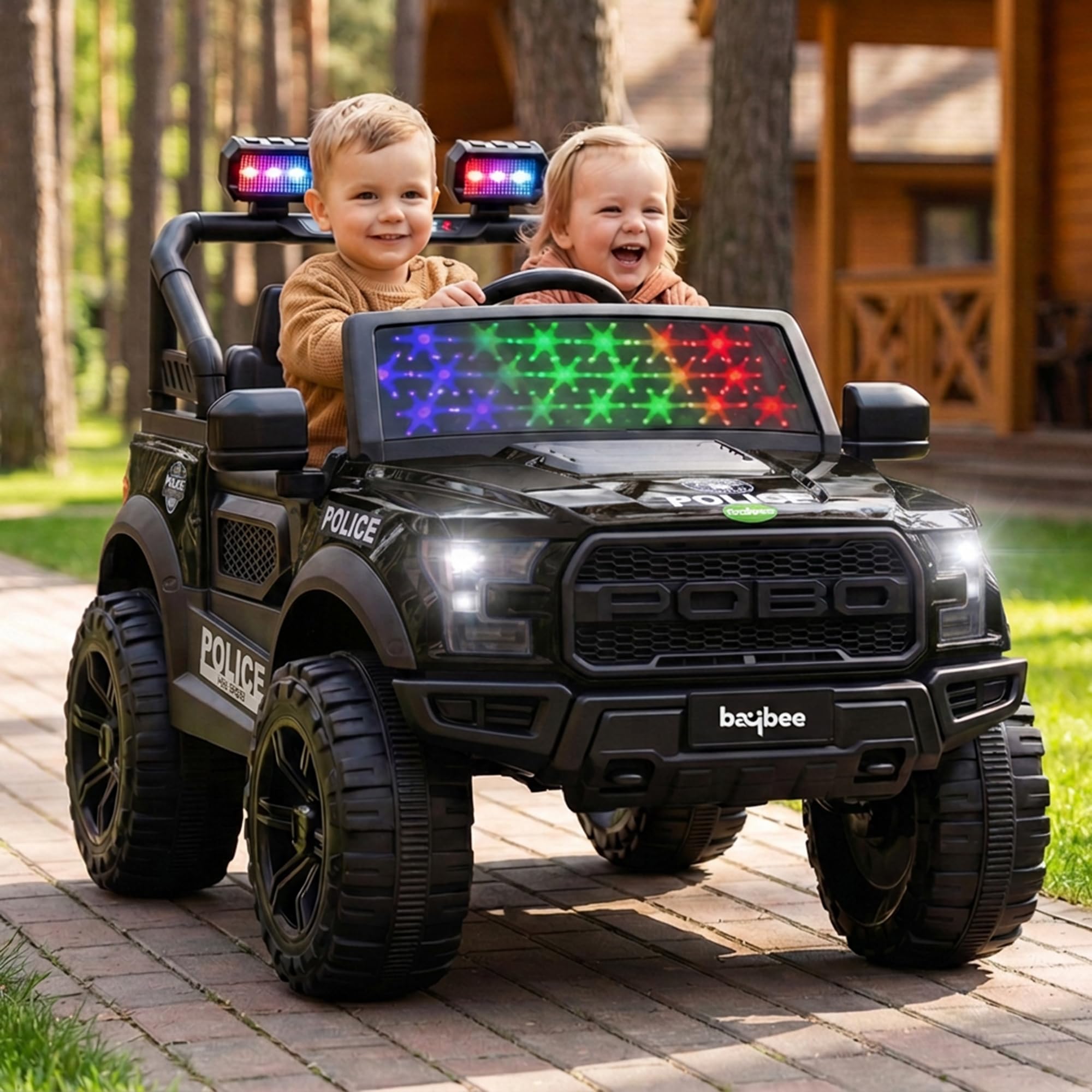 BAYBEE Bronco Battery Operated Jeep For Kids,Ride On Toy Kid Car With RGB Windshield Light & Music,Electric Jeep Battery Car,Baby Big Cars For Kids To Drive 3 To 8 Years(Bronco Police Edition),Black