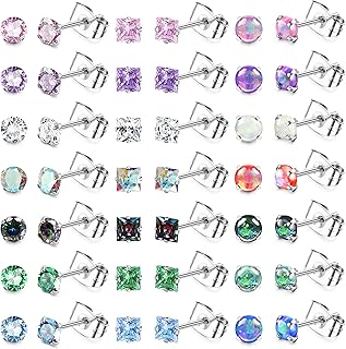 21Pairs Hypoallergenic Stud Earrings Surgical Steel Earrings for Men Women Tiny Small Round Square Cubic Zirconia Opal Earrings Studs Set Cartilage Piercing Jewelry 20G