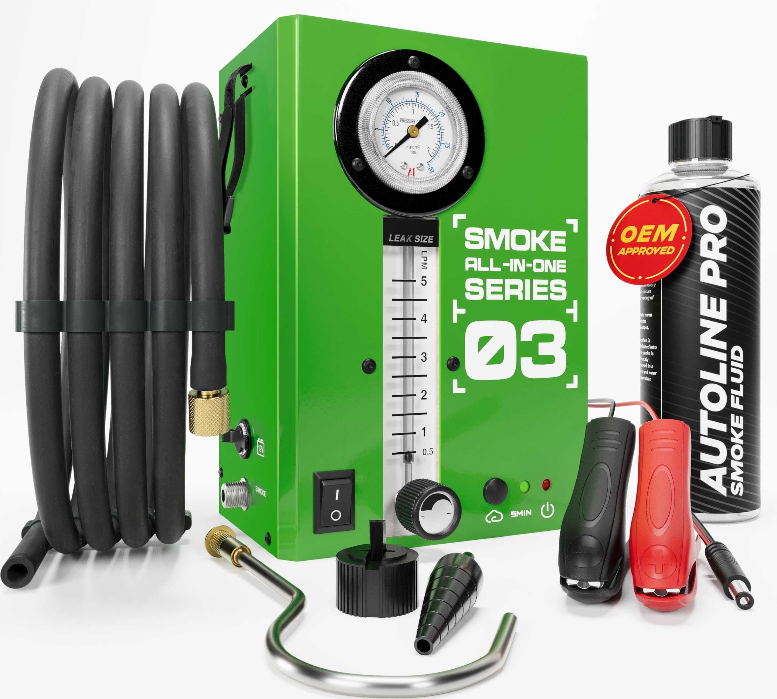 Automotive Smoke Machine Leak Tester for EVAP w/Built-in Air Motor and Pressure Gauge - Model 03 - Exhaust Smoke Detector Tools Kit - Car Smoke Machine w/Flow Meter and Best Ranked Smoke Fluid, Green