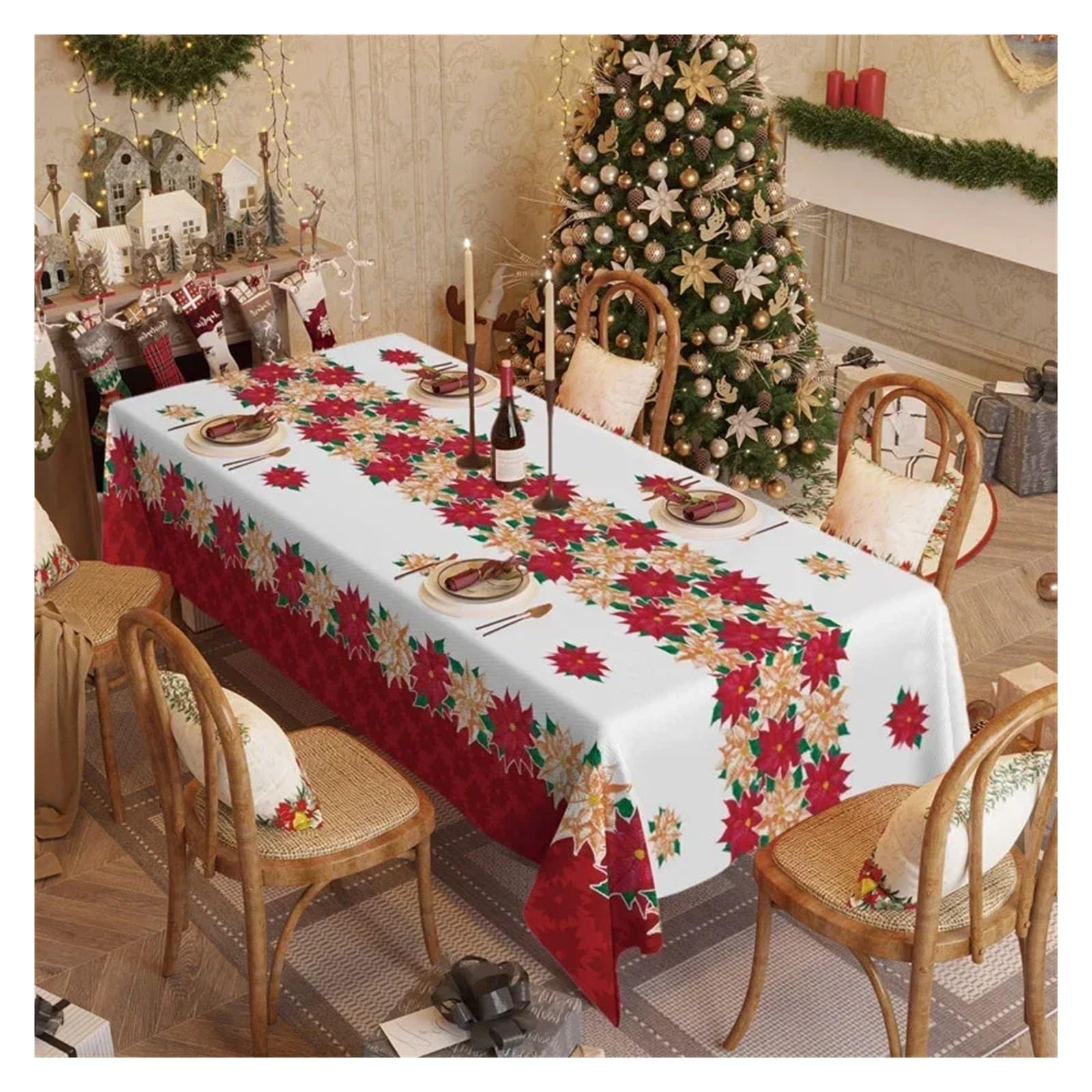 Tovaglia natalizia con Babbo Natale, 150 x 150 cm, lavabile in poliestere, rotonda, perfetta per tavoli da buffet, feste, cene di festa, ecc