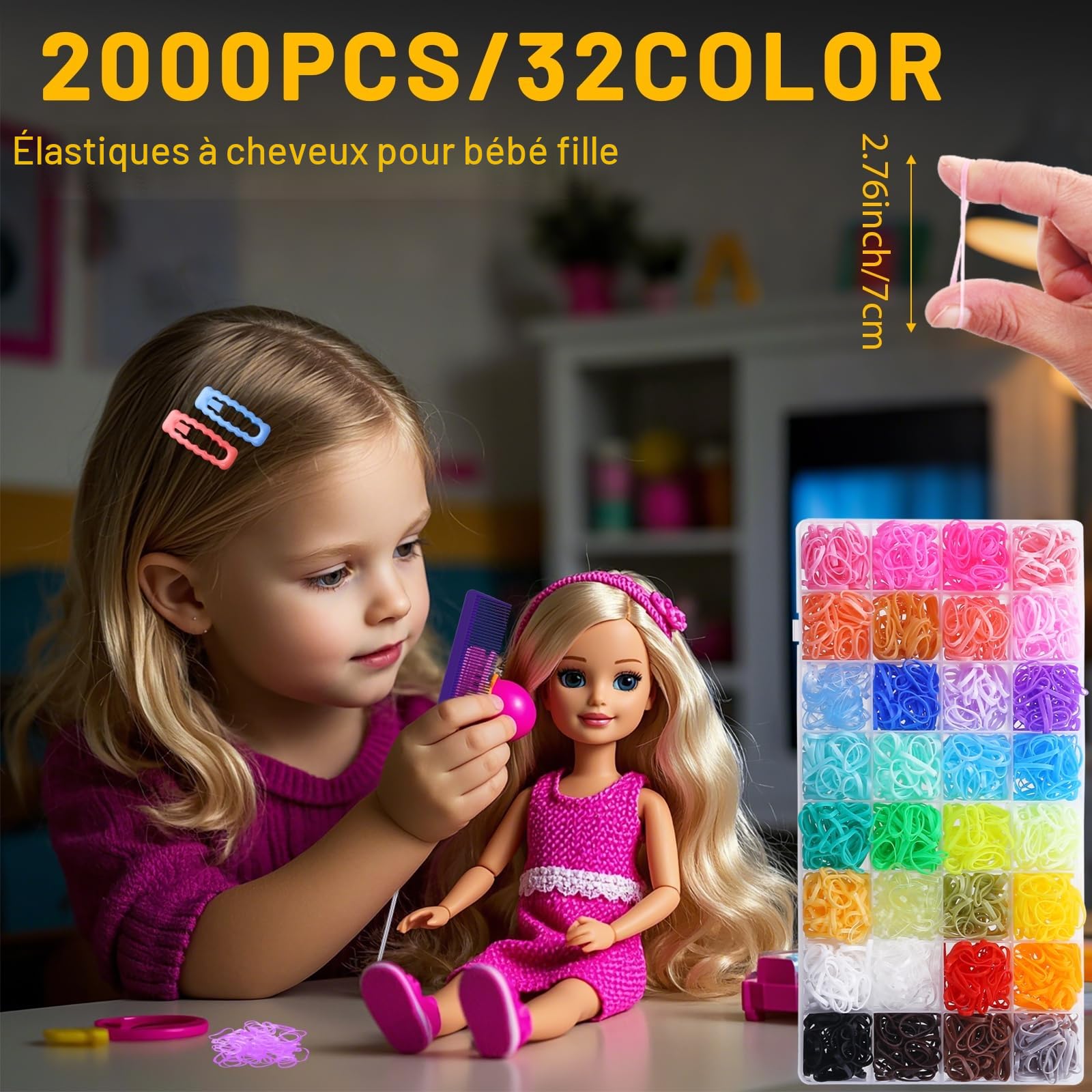 Mini élastiques pour cheveux en 32 couleurs – Set avec 16 outils pour le coiffage, 2000 mini élastiques, coupeur et accessoires de Noël pour filles