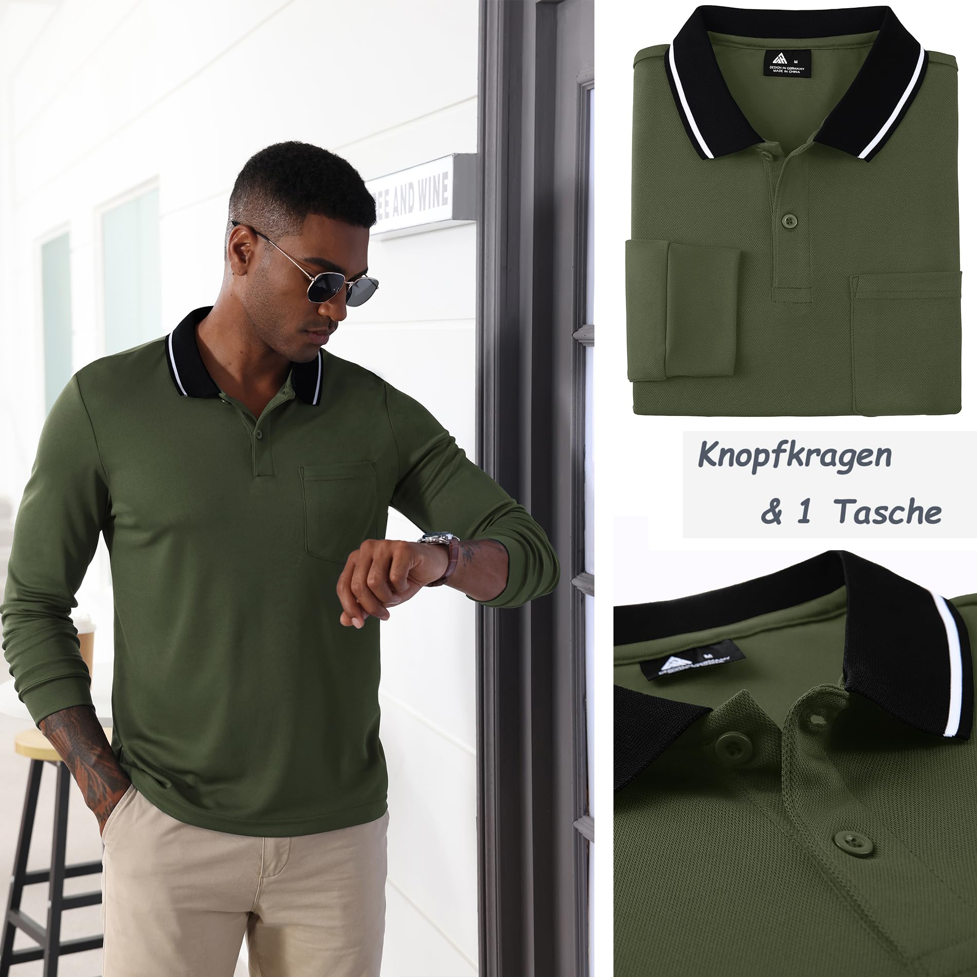 JACKETOWN Polo Uomo Maniche Lunghe Polo da Golf Lavoro Traspirante T Shirt con Taschino Primavera Autunno Camicie per la Pesca Escursionismo