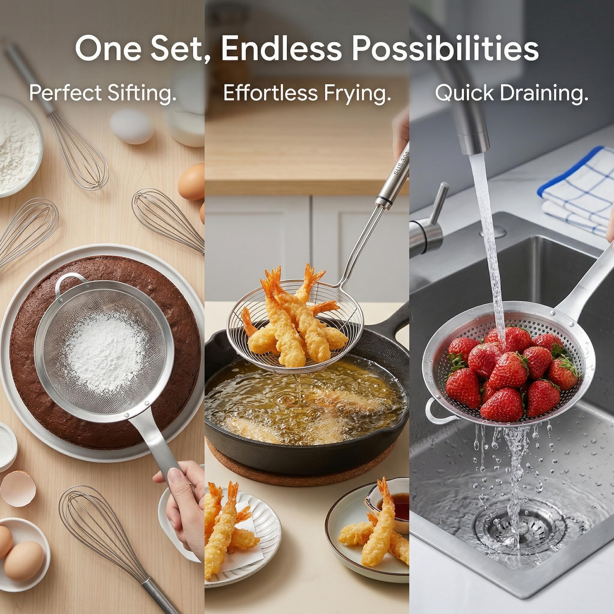 3 Stück Spinne Sieb Skimmer Löffel Set, feinmaschiges Edelstahlsieb Food Strainer, große Löcher Slotted Colander Braten Löffel, Sieb Kelle Draht Skimmer Löffel mit Griff für die Küche