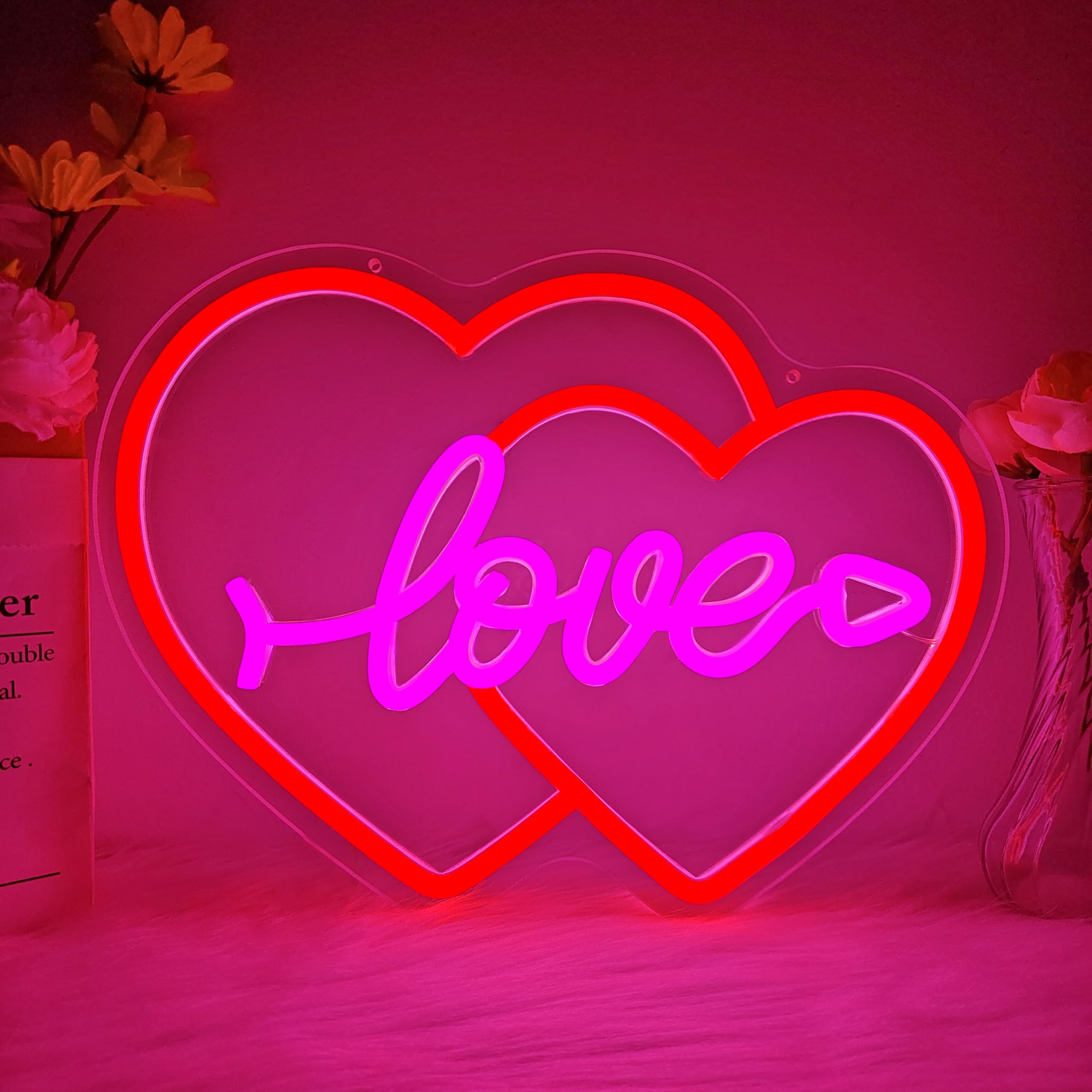 Valentines Neon Sign Dimmable Love Heart Neon Sign for Wall Decor Valentines Day Light Up Sign Led Heart Decoration for Wedding, Bedroom