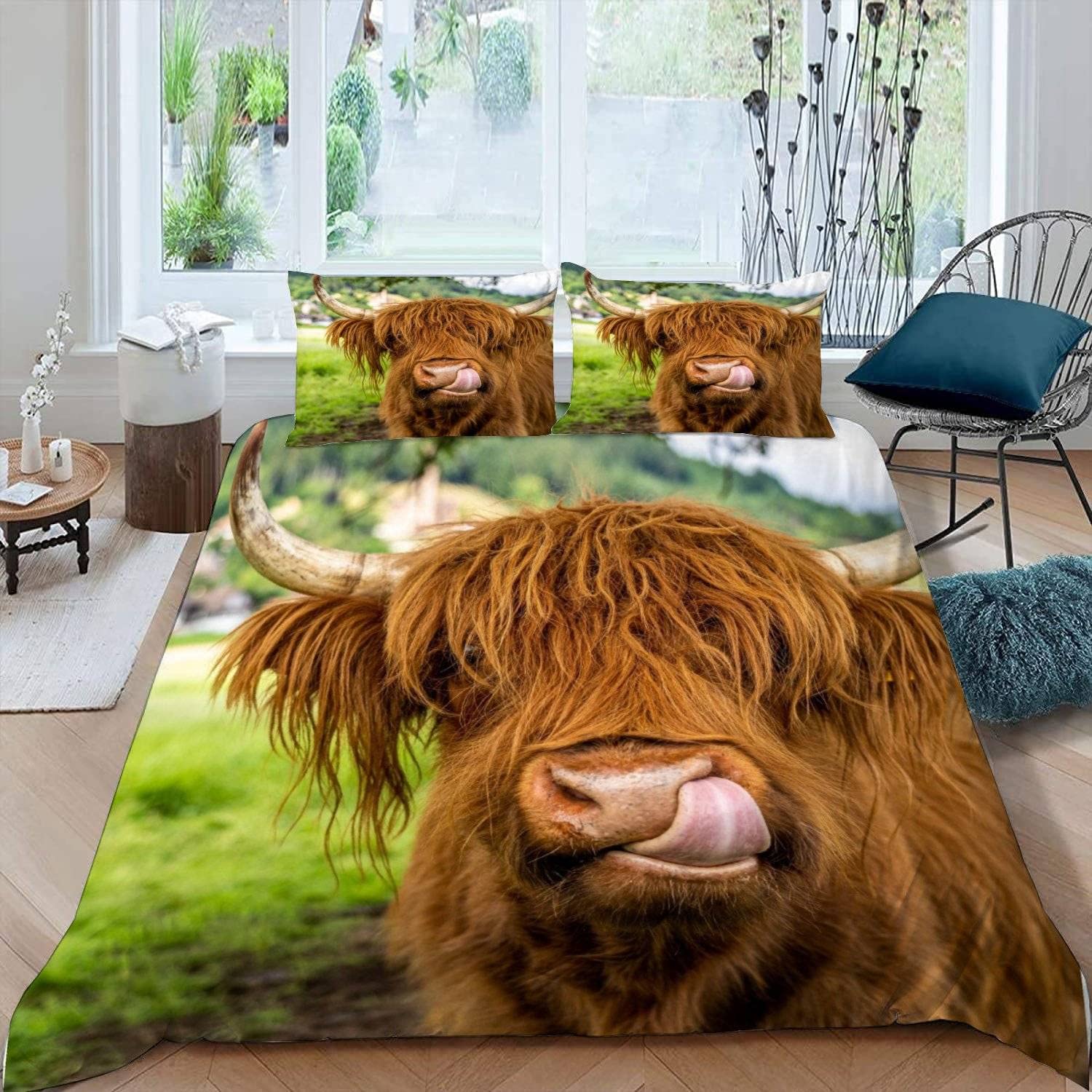LUORU King Duvet Cover Highland Cows 220x230 cm 3D Farm Animals Cattle Bedding Set with Zipper Closure Ultra Soft Microfiber Kids Boys Girls Teens Comforter Quilt Cover with 2 Pillowcase 50x75