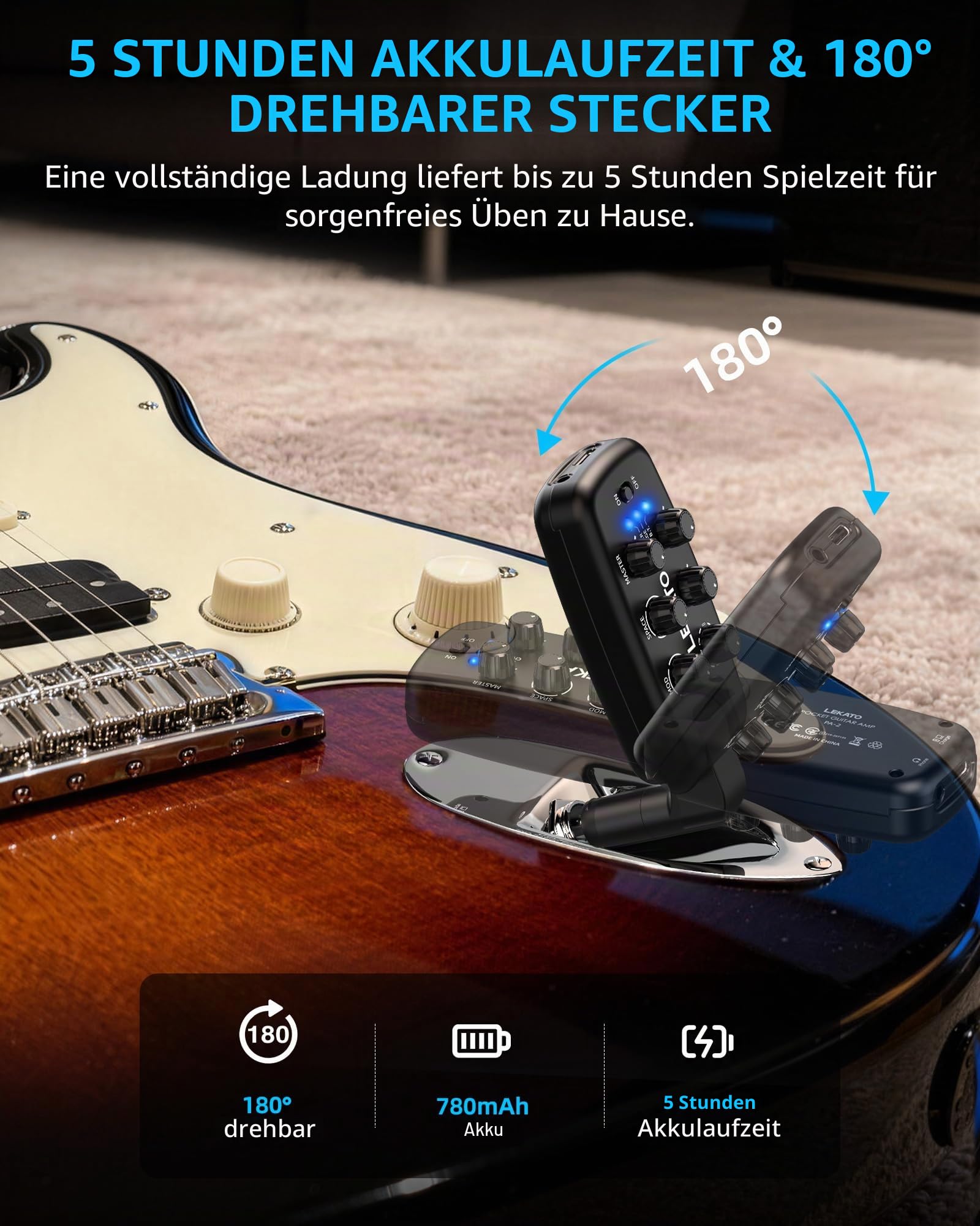LEKATO Gitarren-Kopfhörerverstärker, Tragbarer Plug-in-Übungsverstärker für E-Gitarre/Bass, 9 Amp-Modelle/6 Effekte, Bluetooth, 180° Stecker, OTG-Funktion, Anfänger wiederaufladbarer Taschenverstärker