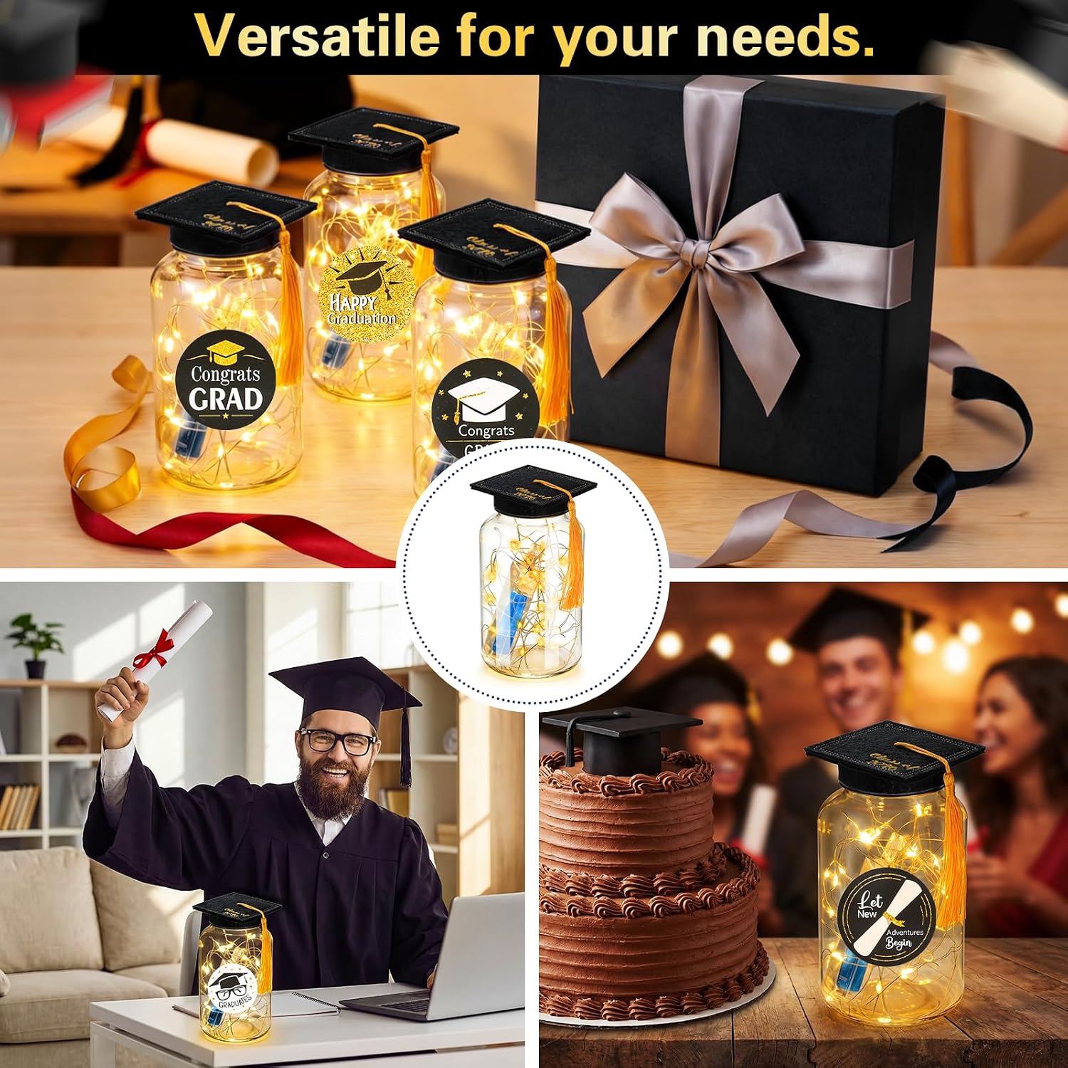 20 Sets 2026 Graduation Table Decoration with LED Lights, Mason Jar Graduation Centerpieces for Tables with Class of 2026 Felt Cap, Paper Roll, Stickers, College High School Grad Party Gifts(Black)