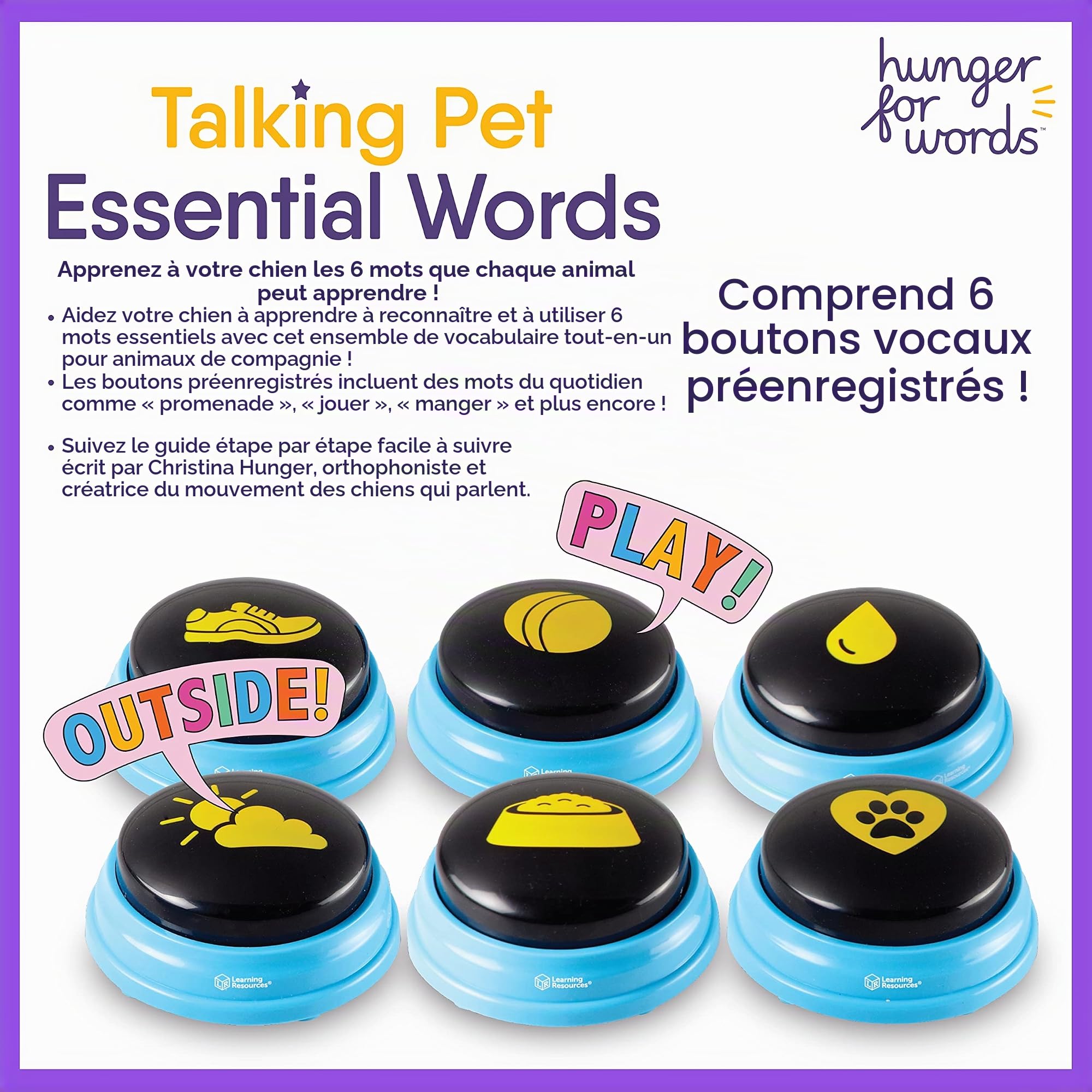 Learning Resources Hunger for Words Mots Essentiels pour Chien Parlant - kit de 6 Boutons avec Message pré-enregistré pour Chiens, Boutons de Communication pour Les Chiens