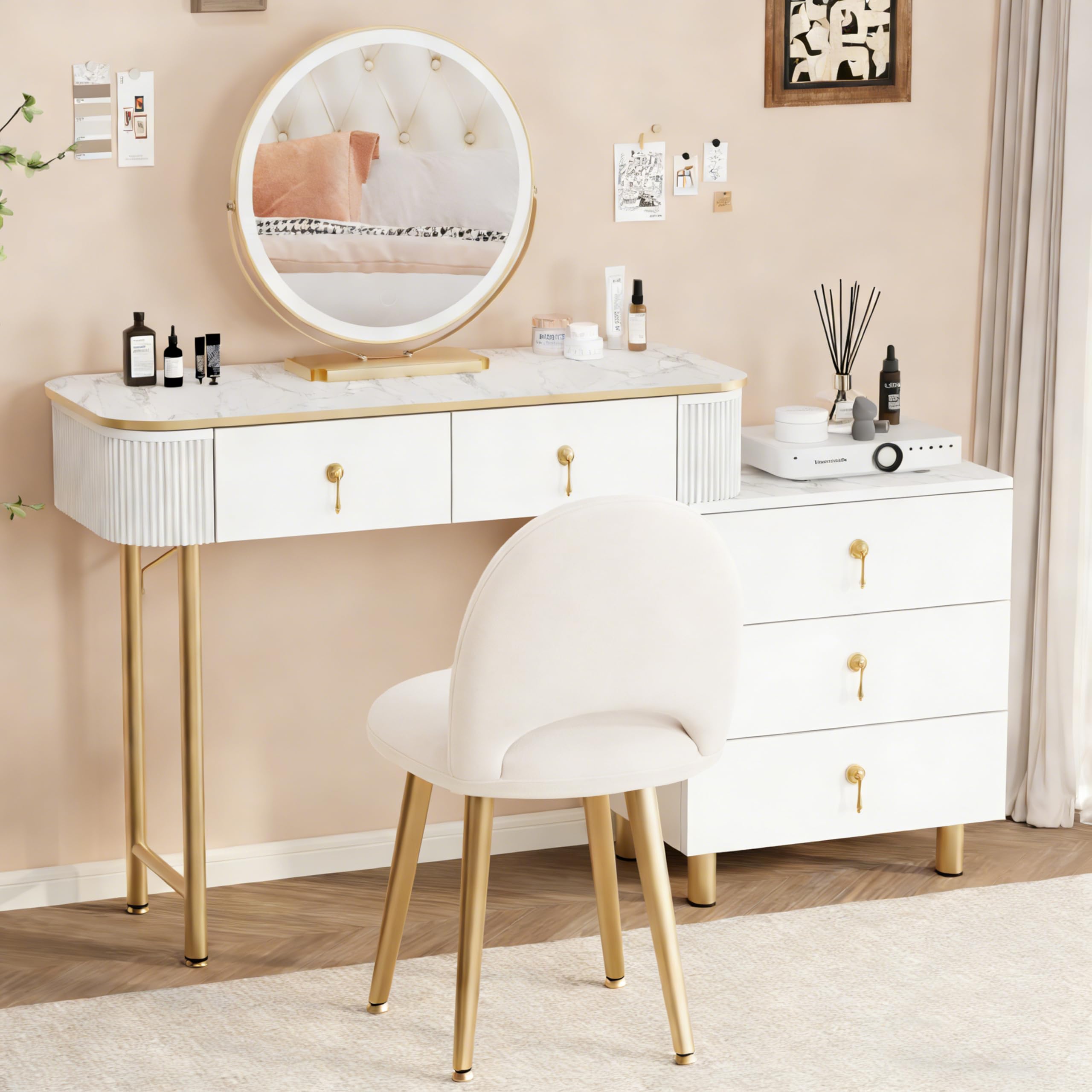 Royal Windsor Makeup Vanity Desk with Mirror and Lights, Modern Make Up Vanity Table,3 Color Touch Screen LED Mirror, Vanity Desk with Chair,5 Drawers