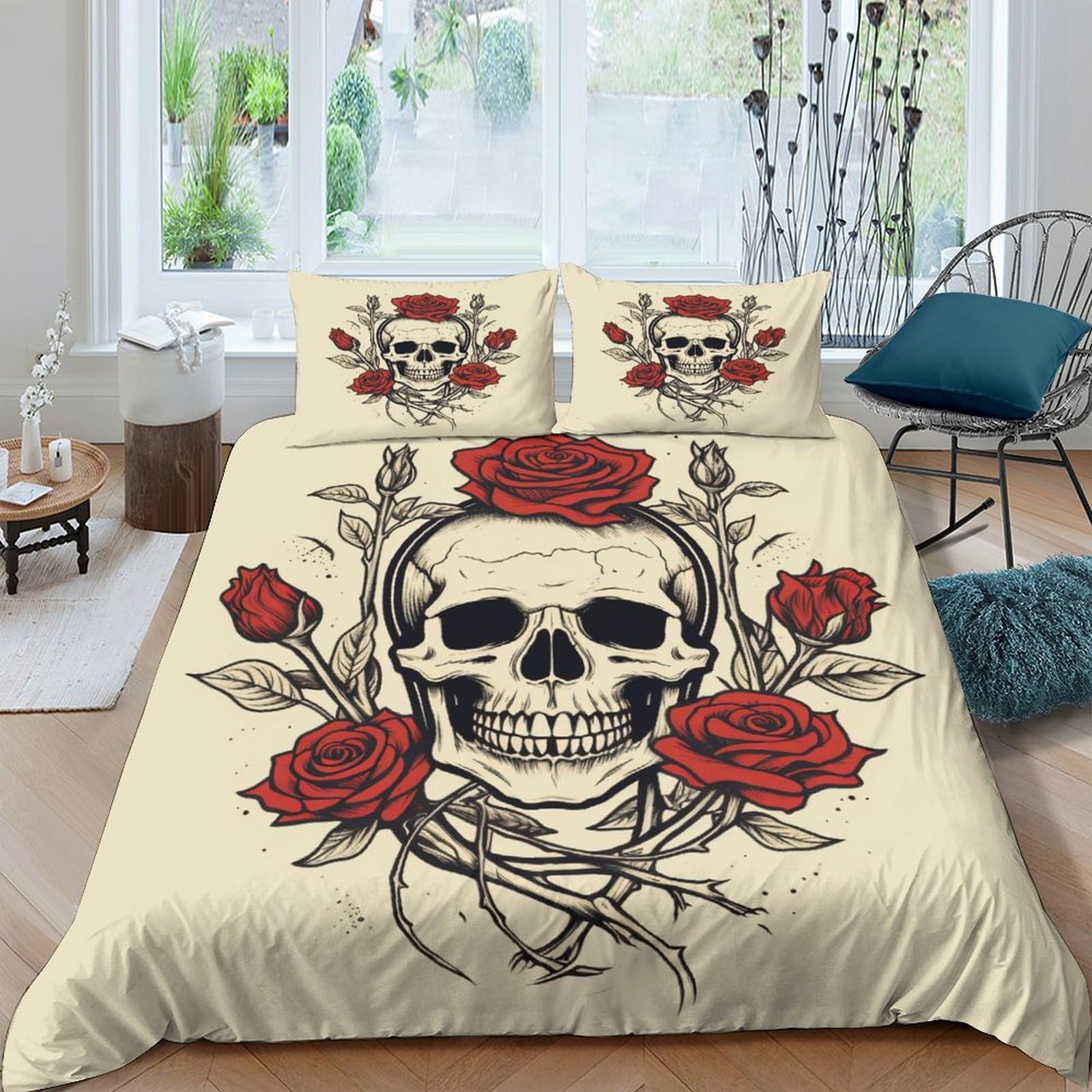 BARDYS Rose Skull Quilt Cover Duvet Cover Comforter Covers for Boys Girls 3D Print Gothic with Zipper Closure with Pillow Cases Soft Microfiber Bedding Set 3 Pieces Double（200x200cm）