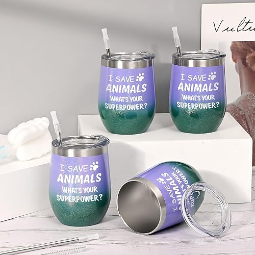 Miniatura 2 de Paquete de 4 vasos de vino con tapa, diseño de texto en inglés "I Save Animals, Whats Your Superpower", de acero inoxidable, ideas de cumpleaños y
