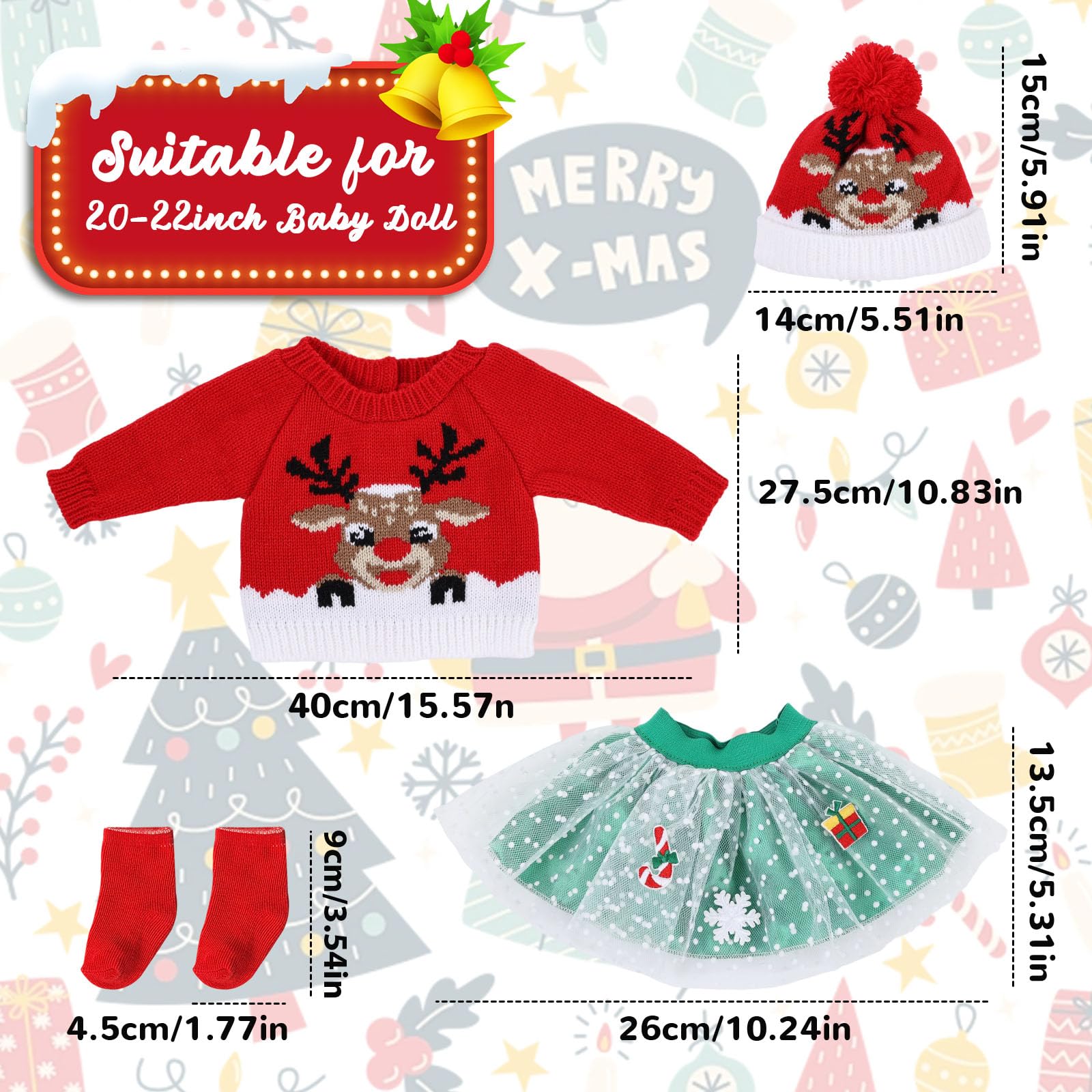 Baby Doll Clothes for 20-22 Inch Baby Doll, 4 Pcs Cute Dolls Clothes Outfit, Christmas Elements Sweater, Hat, Skirt, Socks - Image 3