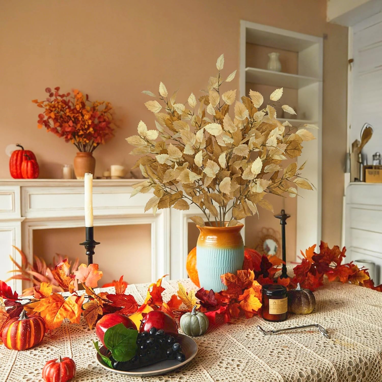 Artificial Fall Birch Leaves Stem - 6 Pcs Faux Autumn Greenery Long Stems 33.4" Tall Fake Plants with Branches Decorations for Thanksgiving Wedding Centerpieces Home Table Decor Floral Arrangements - Image 4