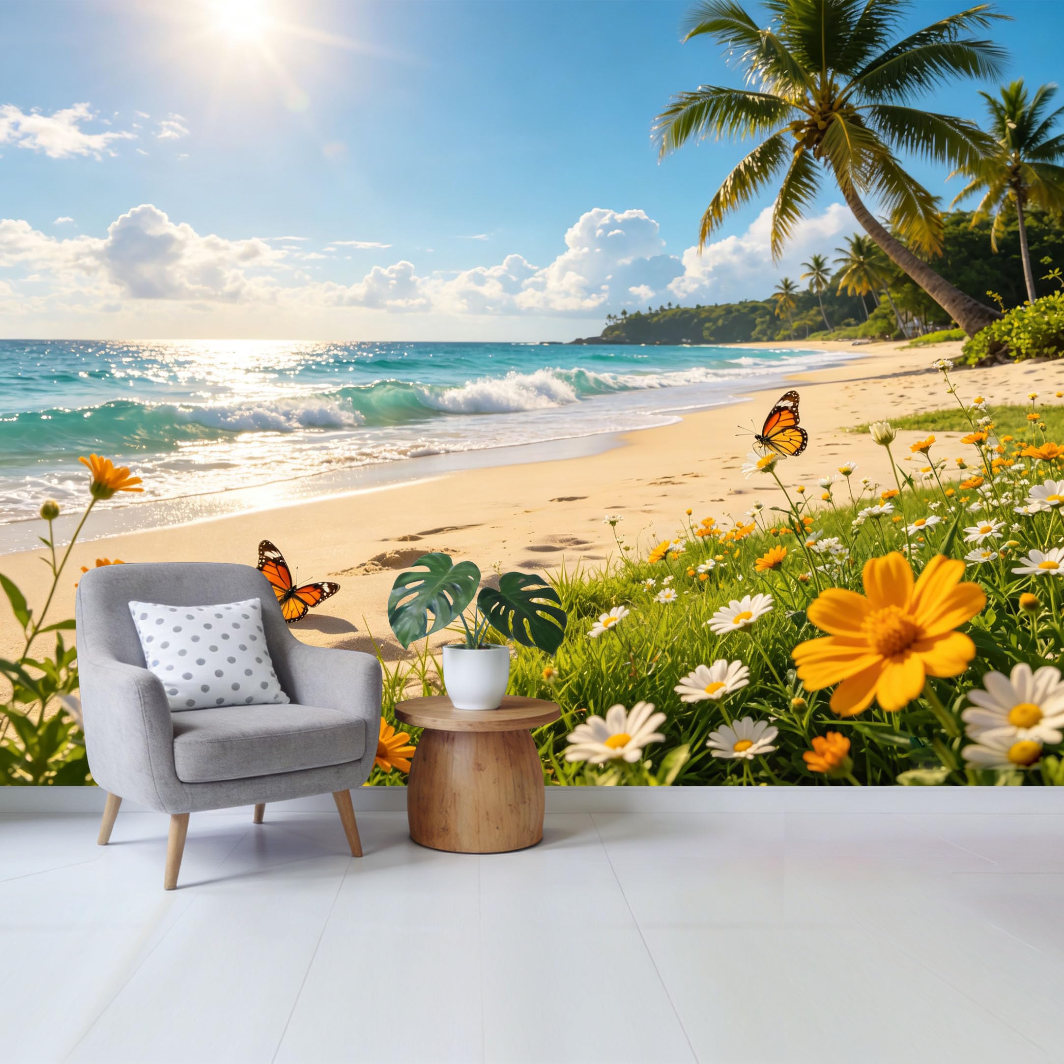 Qzlithotic Yq2605250269 Custom Size Wall Mural Tropical Beach Ocean Sunset Butterfly Wildflower Botanical Landscape Selfadhesive Wall Fabric Removable Wallpaper For Home Office Decor