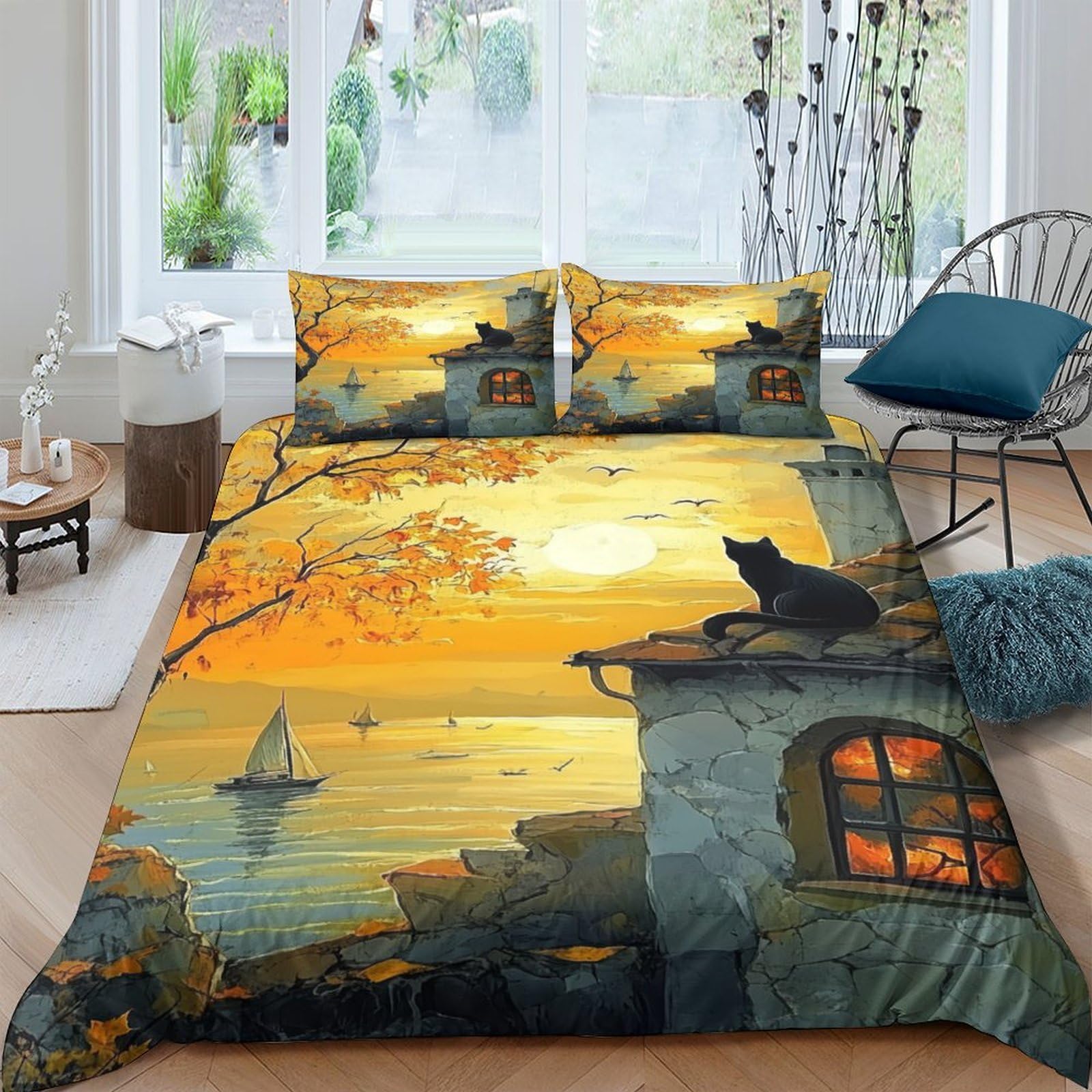 Ctjqhvkz Style-2 3D Printed Sunset Lake View Fitted Sheet Microfiber Soft Black Cat Roof Bed Cover Bedroom Dorm Decor Single（135X200cm）