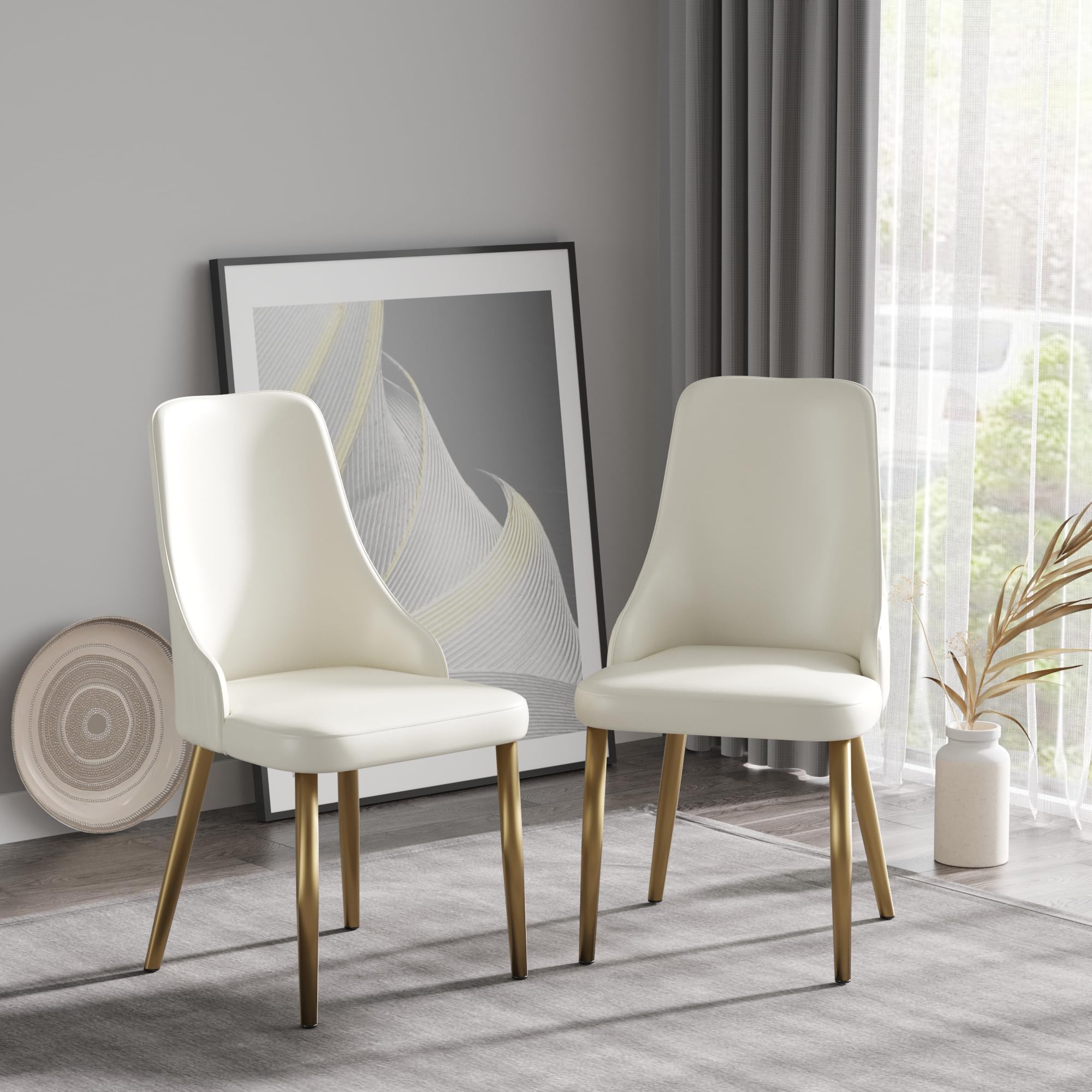 Upholstered Dining Chairs Set of 2,36.6" Modern Accent Dining Chair with Gold Metal Frame&Backrest,Faux Leather Dining Chair for Living Room/Dining Room/Reception Room/Studio/Small Place(Beige)