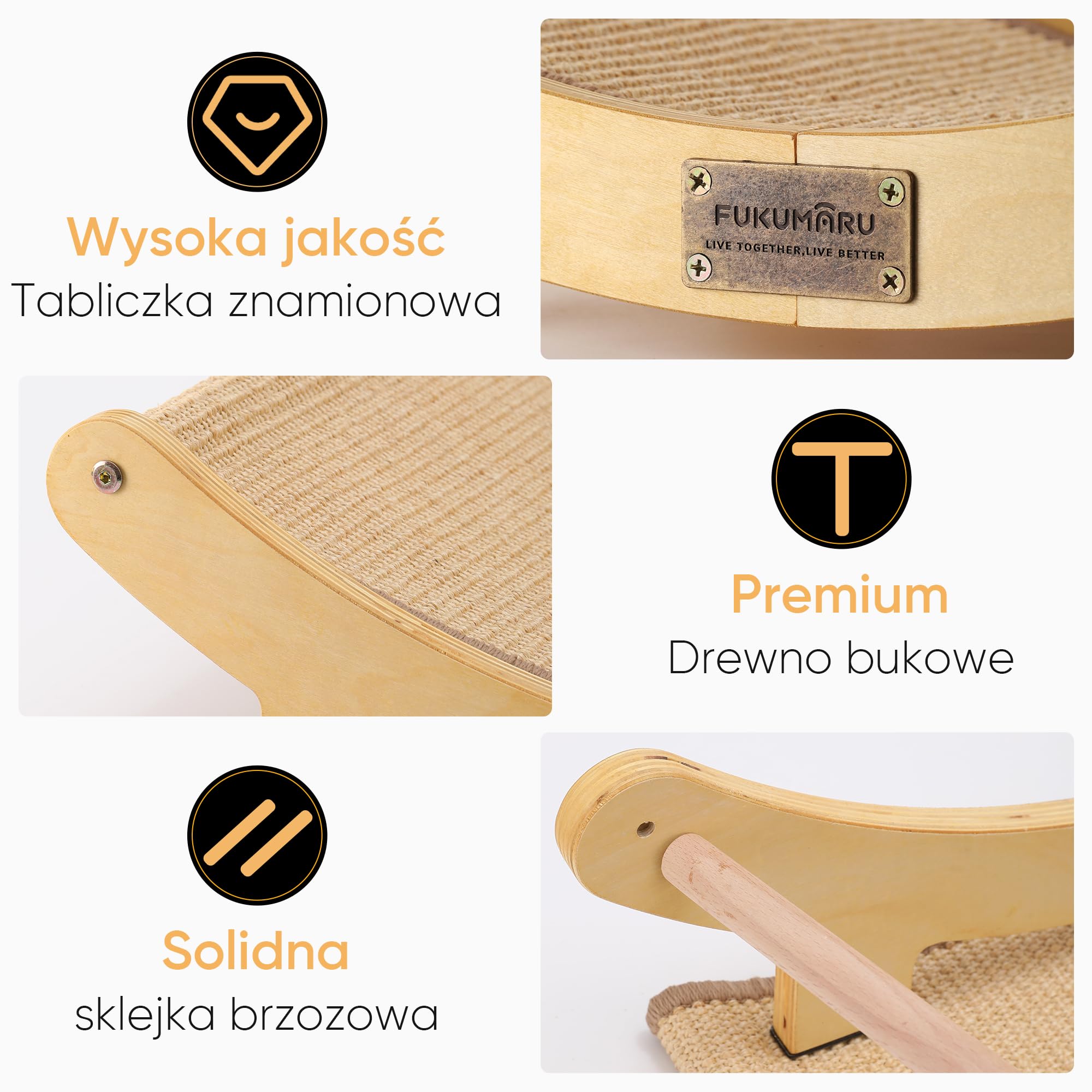 FUKUMARU Legowisko do drapania dla kota, 60 cm Trwałe łóżko do drapania dla kotów do użytku wewnętrznego, 100% naturalny hamak sizalowy, rama z litego drewna do spania i ozdabiania paznokci (beżowy)