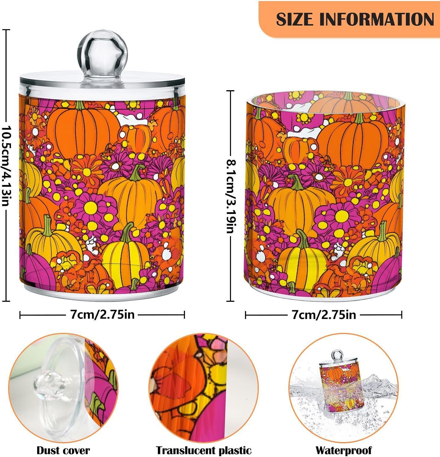 MNSRUU 4 Pack Qtip Holder Organizer Dispenser Pumpkins Flower Pink Bathroom Storage Canister Cotton Ball Holder Bathroom Containers for Cotton Swabs/Pads/Floss