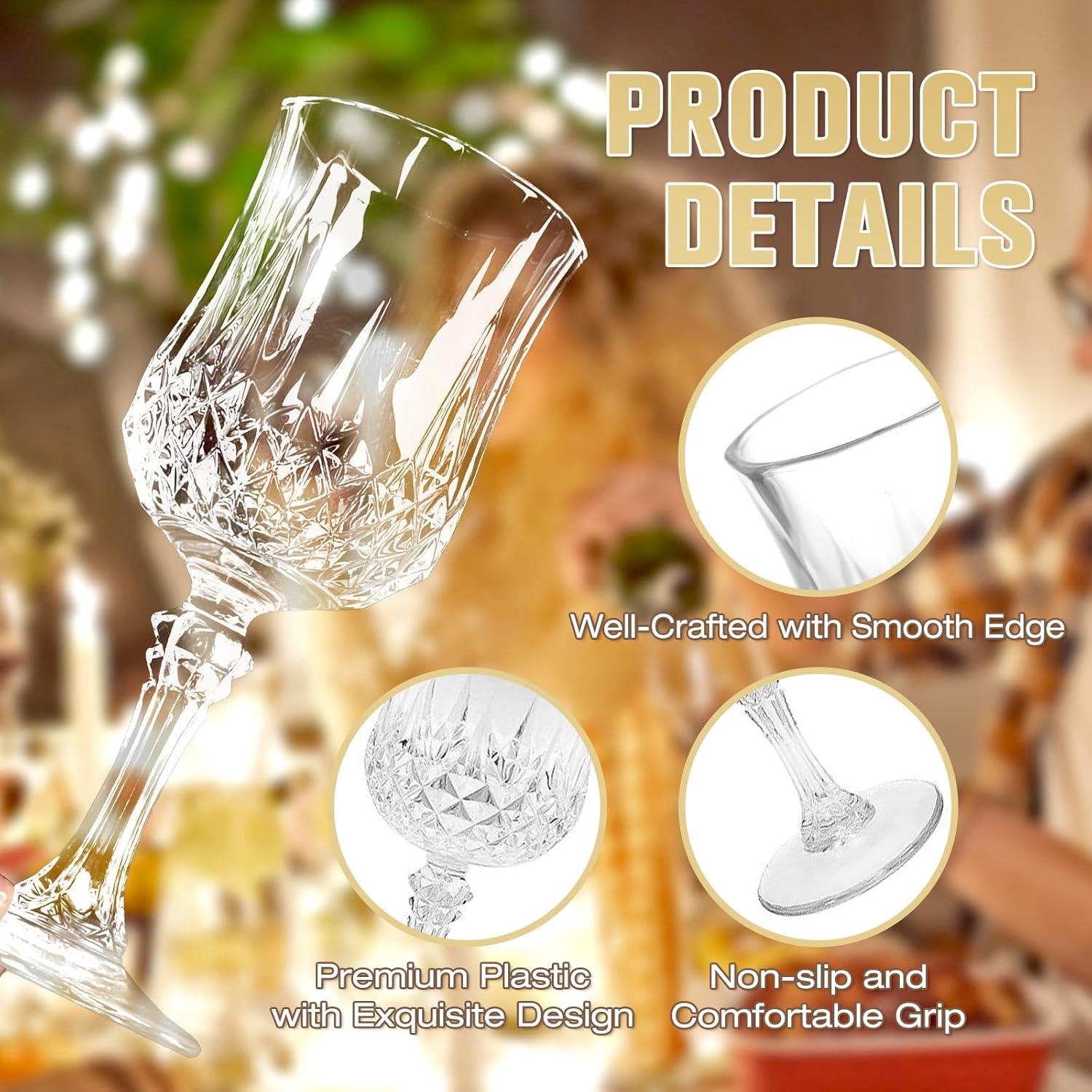 24 Pack 7 oz Vintage Plastic Wine Glasses Goblet Set, Unbreakable Champagne Flutes Cordial Drinking Water Glasses, Bulk Reusable Wine Drinkware for Wedding Reception Bar Party Favors Supplies - Image 3