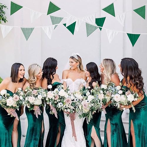 Miniatura 4 de Zwiebeco Banderines de tela de punto de rayas verdes y blancas de 32 pies, banderines triangulares, guirnalda de algodón para cumpleaños, boda, baby