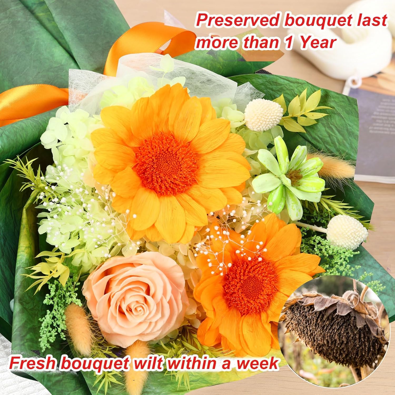 Preserved Sunflower Bouquet, Forever Flowers for Delivery, Long-Lasting Rose Bouquets with Gifts Box for Women Wife Mom on Anniversary Birthday Wedding, Graduation Flowers, Green - Image 3