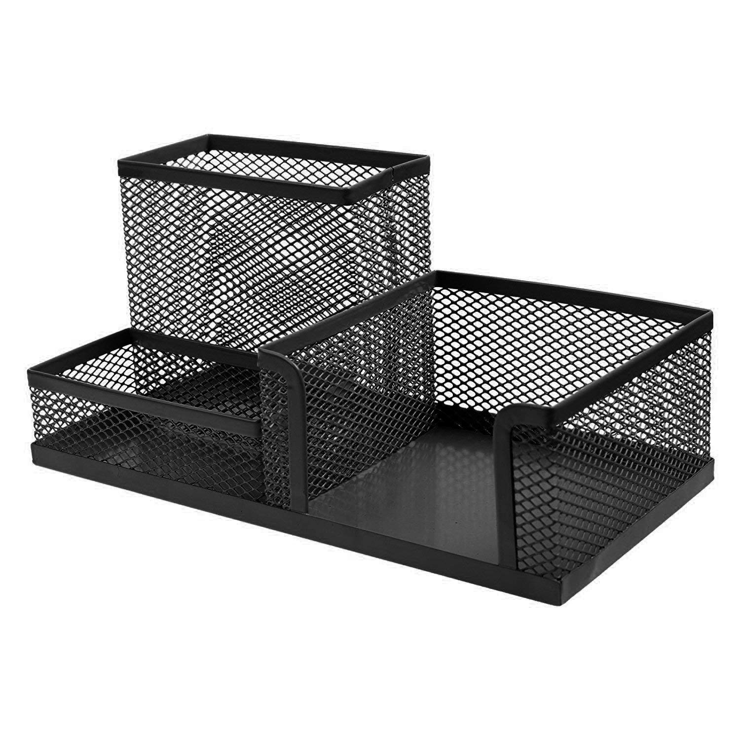 SUKHAD 3-Compartment Metal Mesh Desk Organizer, 8 X 4 X 3.8 Inch, Black