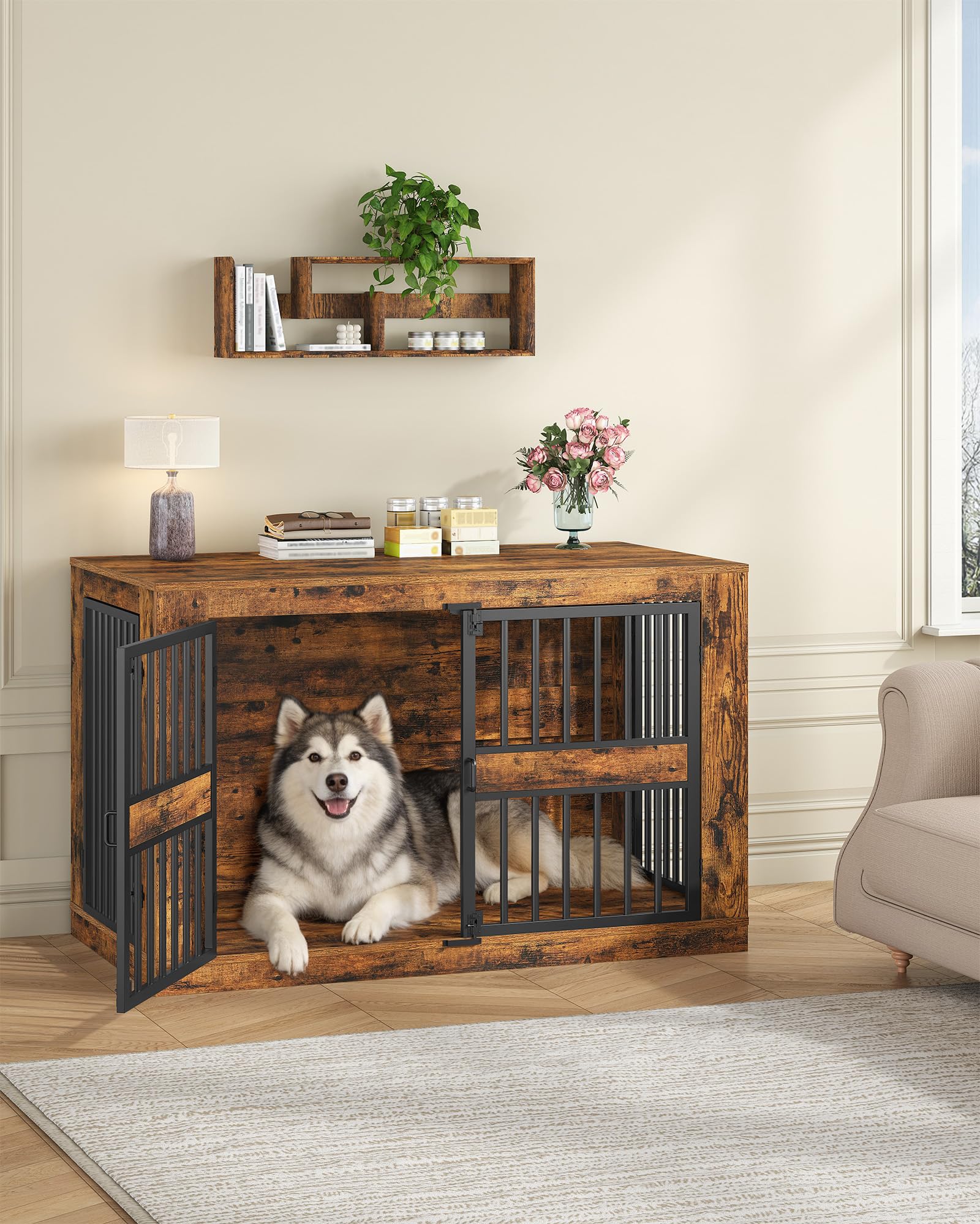 Hzuaneri Cage pour Chien, 120 cm Niche d'Intérieur en Bois Design Moderne 4 Portes, XXL Table d'Appoint Salon pour Chien Moyens et Grands, 120 x 75,5 x 87 cm, Marron Rustique 9220101B