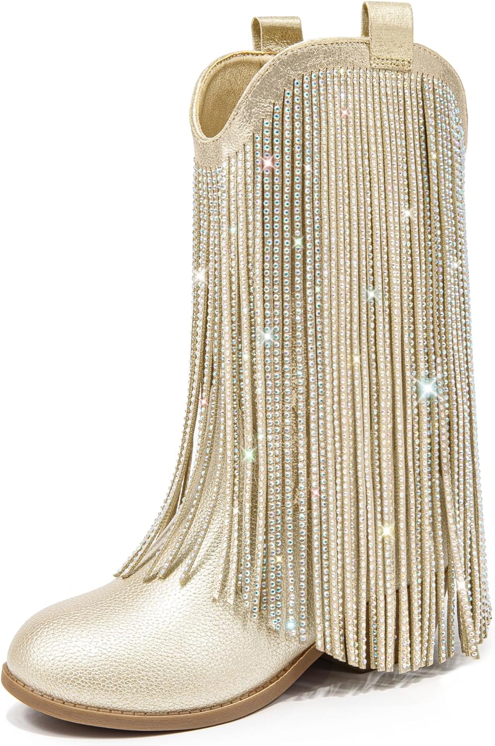 LAURMOSA Rhinestone Fringe Cowgirl Boots for Girls Mid Calf Pointed Toe Cowboy Boots for Toddler Little Big Kids Party Country