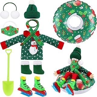 Jenaai 9 PCS Christmas Elf Doll Accessories Set Christmas Elf Clothing Includes Ear Muffs, Scarf, Sweater, Boot, Inflatable Snow Tube, Mask, Hat, Ice Skates, Shovel for Doll Decor