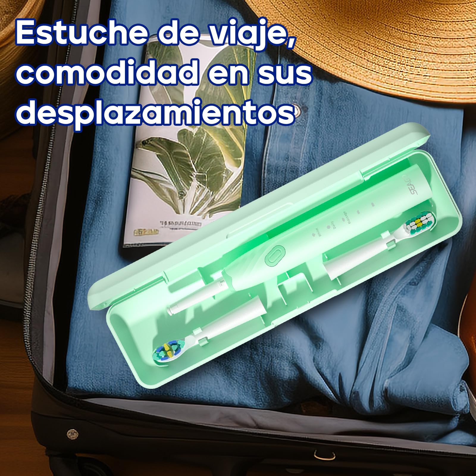 seago cepillo de dientes eléctrico sónico adultos, cepillo electrico con 10 cabezales y diseño ergonómico científico. temporizador, estuche y 60 días de utilización para viaje,Verde
