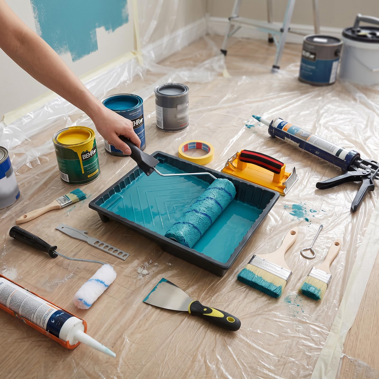 Kit di 40 rulli per pittura tutto in uno con asta telescopica da 1,2 | Forniture per pittura con vassoio rullo pennello nastro porta carta vetrata per casa parete casa pittura angoli soffitti