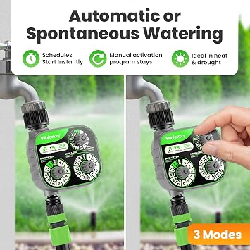 rainfactory Irrigation Timer – intuitive 3-dial garden water timer for automatic & manual watering with rain delay – water-saving for garden, lawn & balcony