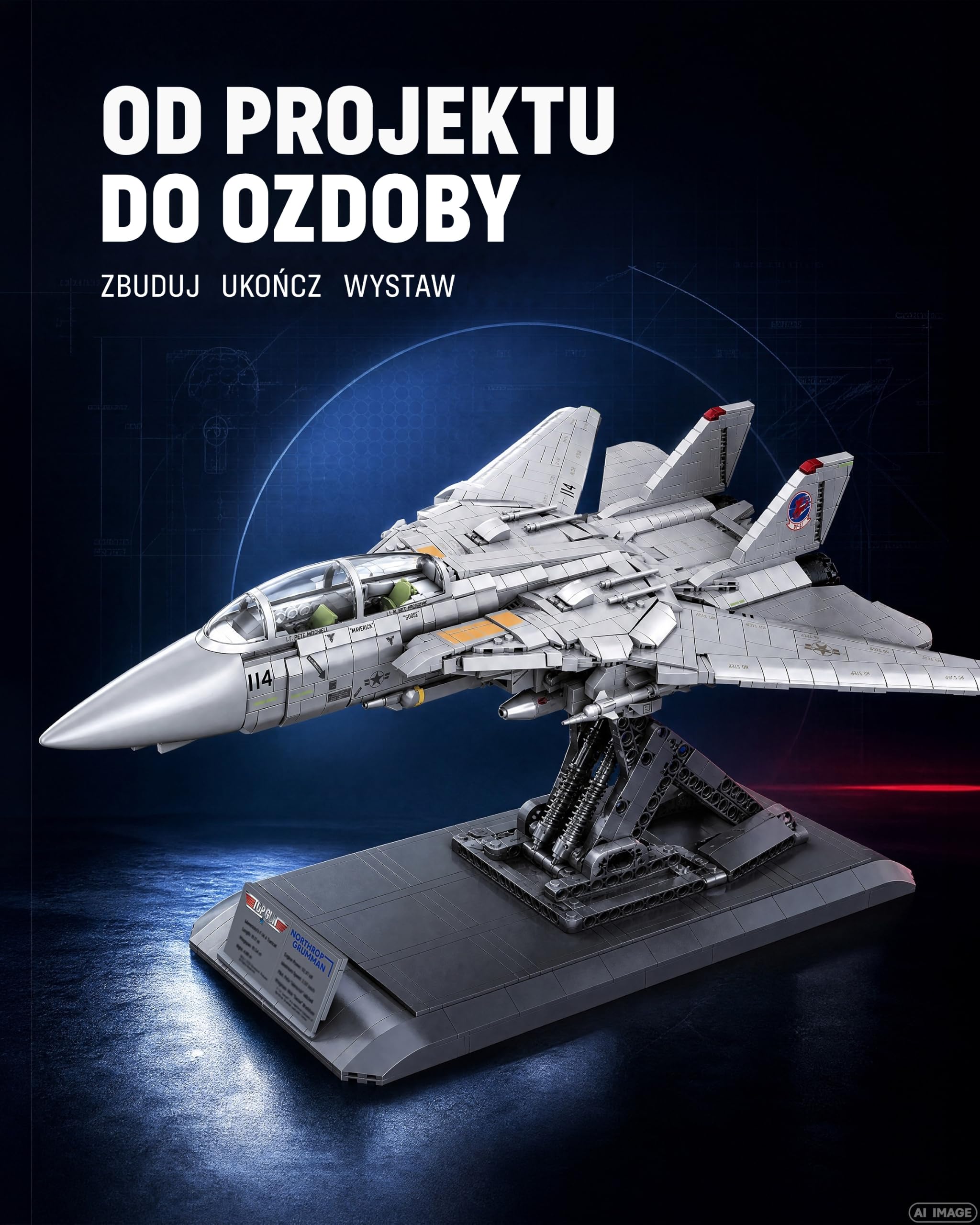 Revell Brick System 00963 Maverick's F-14A Tomcat Top Gun - zestaw modeli cegieł - skala 1:32 niezabudowana, długość 57,6 cm, ponad 2500 sztuk, zawiera figurki Maverick i Goose, stojak ekspozycyjny