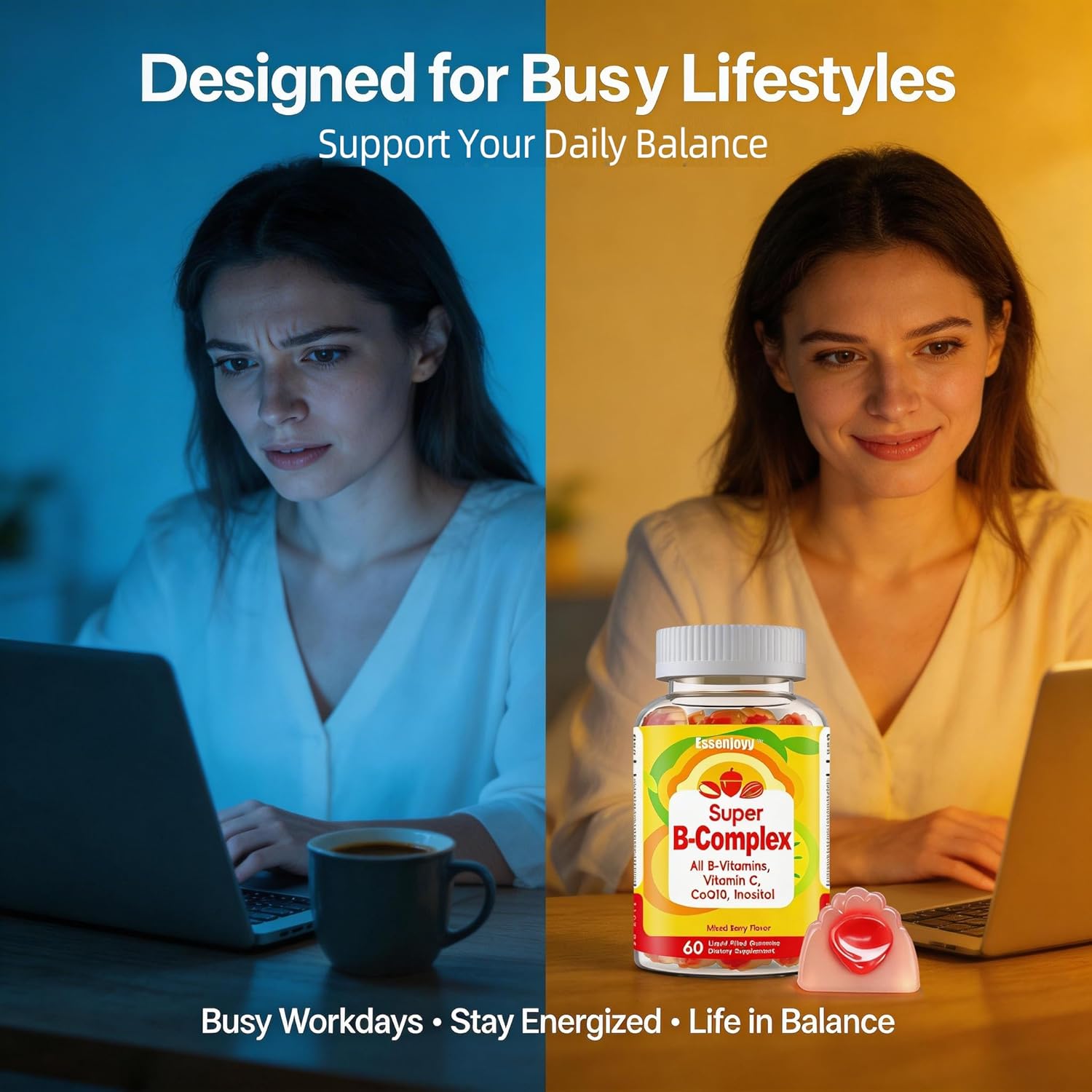 Liquid-Filled B Complex Gummies for Daily Routine, Juicy Berry Flavor, Complete B Vitamins with Vitamin C, CoQ10 & Inositol, Easy to Enjoy, 60 Gummies x 2 (120 Total)