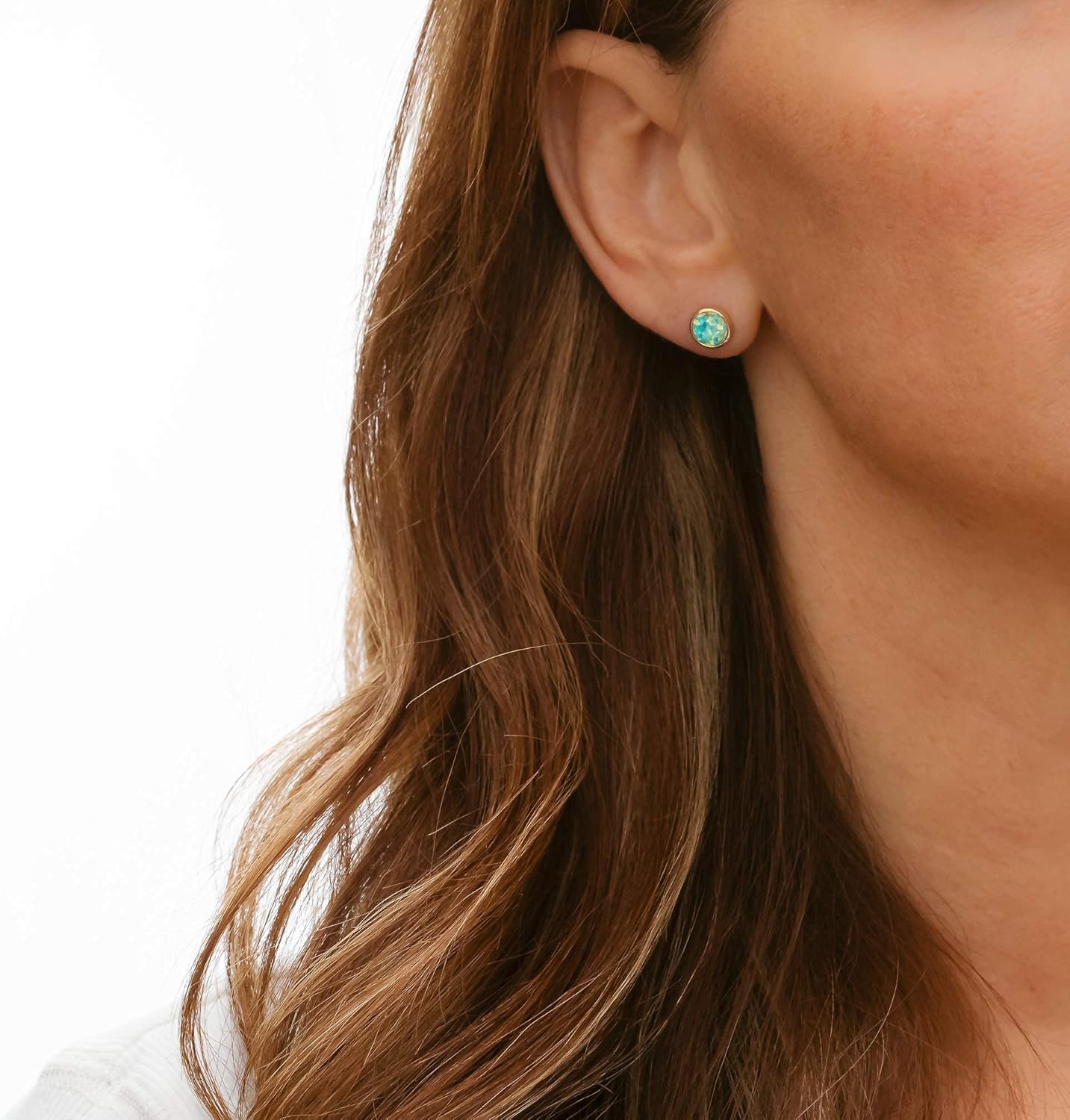 Green Blue Opal Stud Earrings- Gold-7mm- Birthday-Gift Idea- Women's Jewelry-Back to School - Image 2