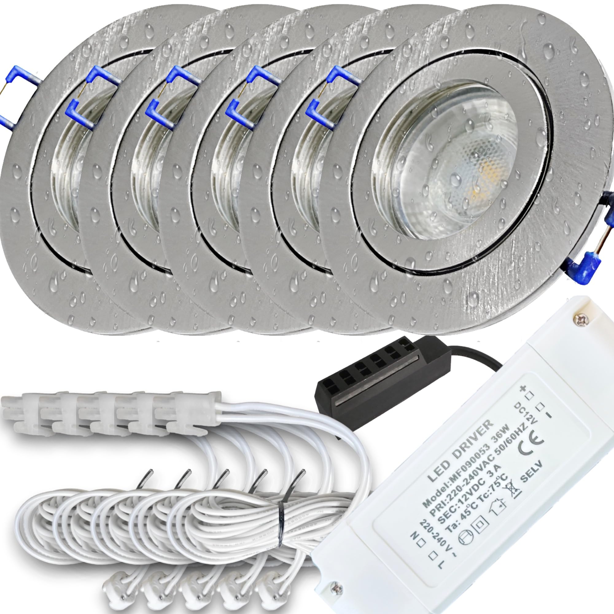 LED Decken Einbauspots 5er Set –, IP44, Feuchträume, Niederspannung 12V, 400 Lumen, Warmweiß, 5W, Rund, inkl. Netzteil & 120cm Zuleitung mit AMP Stecker. Bad, Dusche, Küche, überdachter Aussenbereich