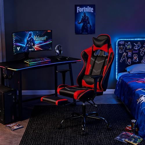 Silla para videojuegos, silla ergonómica para juegos con reposapiés reclinable, respaldo alto, silla de videojuegos con soporte lumbar, Rojo