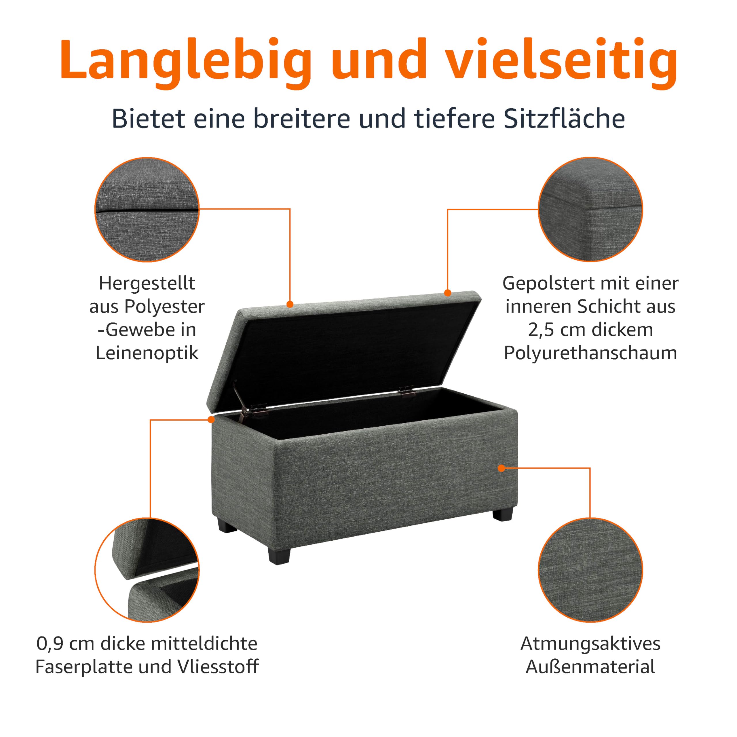 Amazon Basics Bank für den Eingangsbereich, rechteckig, gepolstert, mit Stauraum, Schlafzimmer, Flur, Polsterhocker, Leinenoptik, Dunkelgrau, 42 x 91 x 43 cm